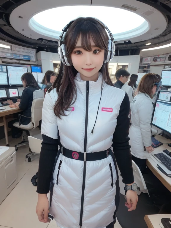 masterpiece, highest quality, Very detailed, 8K Portrait,Japanese Android Girl,plump , Control panel,Robotic arms and legs, Blunt bangs,,break (Metallic Gray, Metallic luster, Mirror finish, Astro Best):5,headphone:5,break (Black sleeves):100,Smart Watches,Futuristic space station,Control Room,break headphone,blue eyes,(Black Hair):2,(Long Hair):1.3,View the viewer,(respirator),break blush:3,Hidden Hand,smile