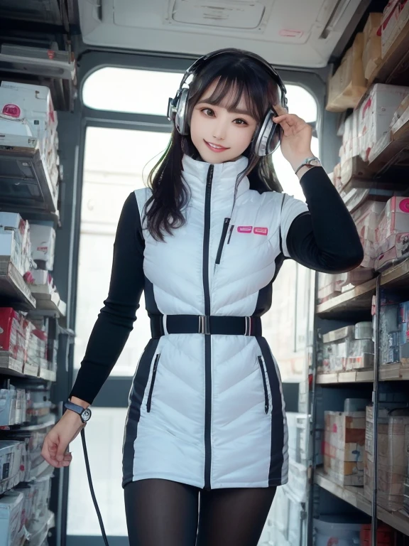 masterpiece, highest quality, Very detailed, 8K Portrait,Japanese Android Girl,plump , Control panel,Robotic arms and legs, Blunt bangs,,break (Metallic Gray, Metallic luster, Mirror finish, Astro Best):5,headphone:5,break (Black sleeves):100,Smart Watches,Futuristic space station,Control Room,break headphone,blue eyes,(Black Hair):2,(Long Hair):1.3,View the viewer,(respirator),break blush:3,Hidden Hand,smile