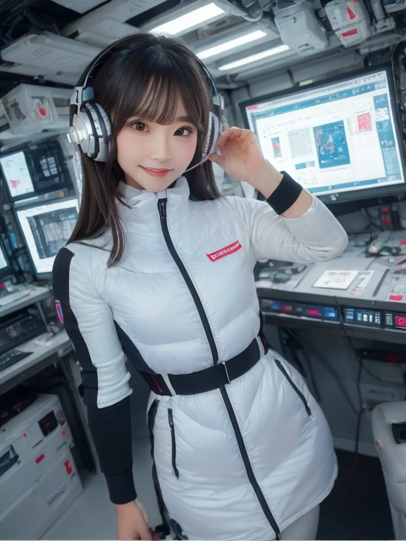 masterpiece, highest quality, Very detailed, 8K Portrait,Japanese Android Girl,plump , Control panel,Robotic arms and legs, Blunt bangs,,break (Metallic Gray, Metallic luster, Mirror finish, Astro Best):5,headphone:5,break (Black sleeves):100,Smart Watches,Futuristic space station,Control Room,break headphone,blue eyes,(Black Hair):2,(Long Hair):1.3,View the viewer,(respirator),break blush:3,Hidden Hand,smile