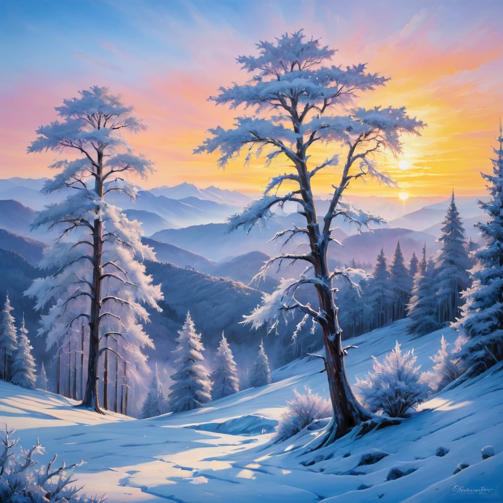 (oil painting:1.5), (Rime Ice;1.3), (frozen trees:1.3), (alpine zone:1.3), (rime ice covered trees along skyline:1.3), (rime ice and snow:1.5), (sunrise:1.5),(sunrise light:1.3),(morning glow:1.3)