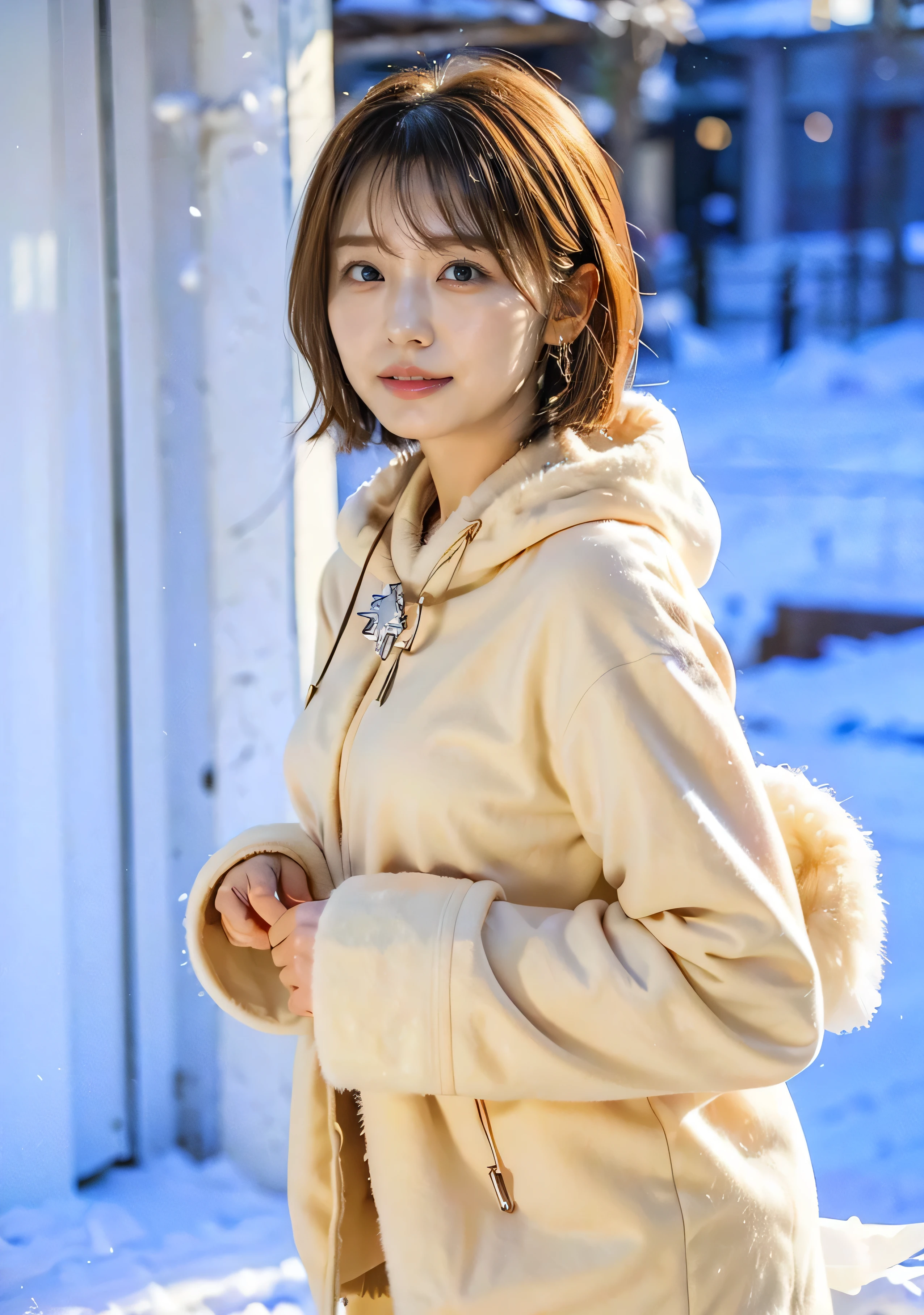 Gorgeous mink fur coat and boots、A luxurious bag、Silver necklace and small silver earrings、（（Millionaire Style:1.4））、Full body photo、smile、 Caustics、Highly detailed photos、Very beautiful woman 、Ample breasts、No makeup、(8k、RAW Photos、highest quality、masterpiece:1.2)、(Realistic、Realistic)、1 girl、((Medium Short Hair、Midwinter、Cold region Snow is falling、The wind is blowing、Fluttering Hair、Background Bokashi、Colorful illumination、Looking into the camera:1.4))、
