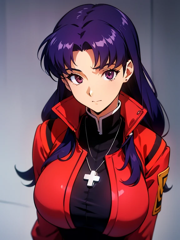 katsuragi_misato, huge_breasts, standing, solo, Misato_cross_necklace, black_pencil_dress_high_collar_red_jacket, masterpiece, best quality, detailed face, detailed eyes, highres,