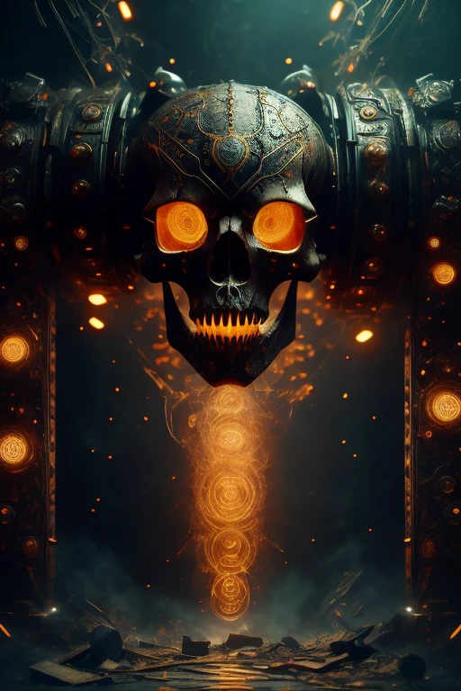 Breathtaking sci-fi cinematic photo of a full-length skull crusher, metallic skin, body full of torn threads and shiny metrics inside, olhos multicoloridos brilhantes, olhos multifacetados, metal arms, inside a destroyed building, extremely threatening creature, altamente detalhado, premiado