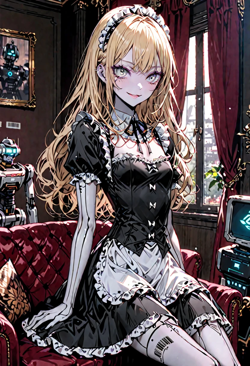 ((solo)), female, medium shot, sfw, flat chest, white skin, long hair, blonde hair, ((bratty)), personal assistant, smile, ((robot seams on skin)), bar code on skin, indoors, cozy, frilly french maid uniform, frilly skirt, short sleeves, frilly sleeves, tiny narrow waist, luxurious, black clothes, living room, curtains, seductive, frilly