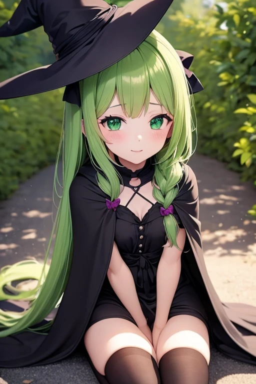 A two-dimensional green-haired magical girl,Complemented by highly saturated red highlights。Flat-chested ,A flushed face,The expression is shy,Witch pointed hat on the head,Leakage of the armpits,Long hair to the ground,Eyes are tsundere,Witch robes