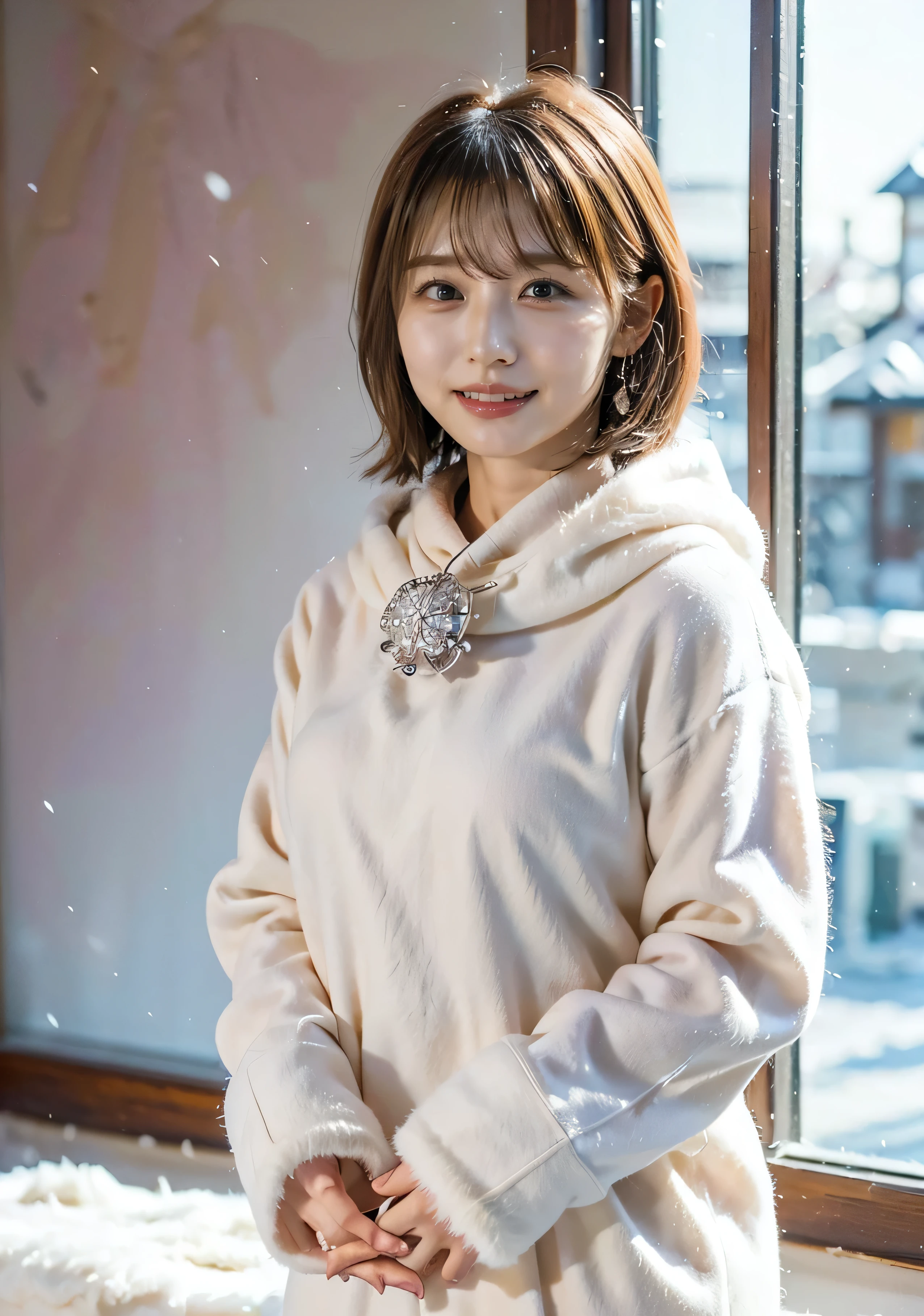 Outdoor、A luxurious grey mink coat with fur、Wearing leather boots、A luxurious bag、The inner turtleneck、Silver necklace and small silver earringillionaire Style:1.4))、Full body photo、smile、 Caustics、Highly detailed photos、Very beautiful woman 、Ample breasts、No makeup、(8k、RAW Photos、highest quality、masterpiece:1.2)、(Realistic、Realistic)、1 girl、((Medium Short Hair、Midwinter、Cold region Snow is falling、The wind is blowing、Fluttering Hair、Background Bokashi、Colorful illumination、Looking into the camera:1.4))、
