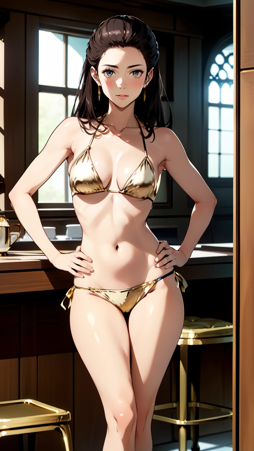 (masterpiece, best quality:1.2),((photoreal:1.1)),perfect anatomy,solo,((1 middle age woman)),((1 MILF)),perfect eyes, ((looking at viewer:1.4)),((horizontal angle)),((view from front:1.4)),(straight-on),shoot from front,lighting from front,((Piutuary small breasts:1.4)),((muscular:1.1),((do not hide your crotch)),(cod lips),((seating on tall stool:1.3)),(spreading legs wide:1.3),(hands on hip bone:1.4),(holding your head high),extremely delicate and beautiful,((gold bikini:1.2)),high heel
