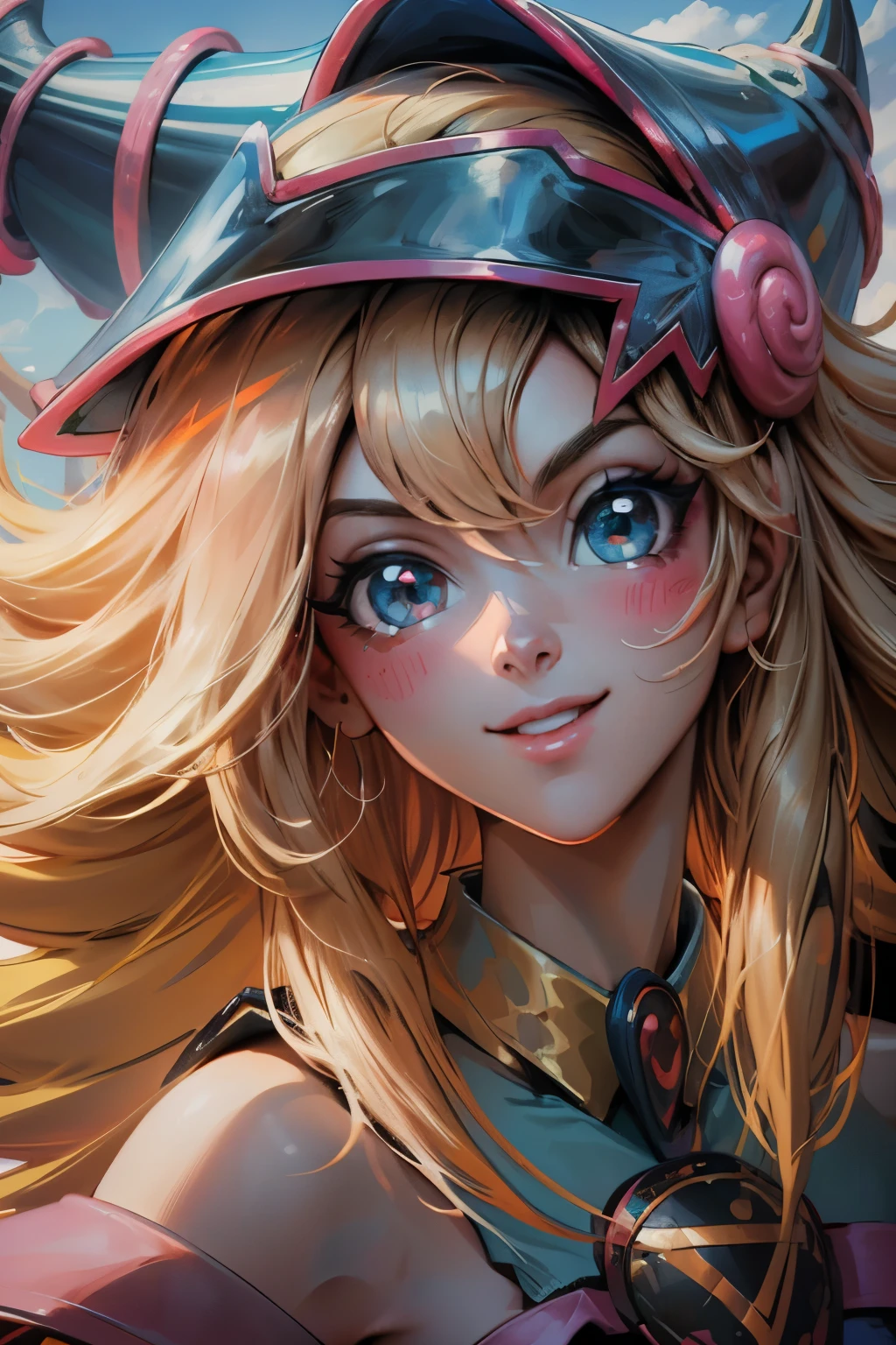 Hermoso rostro de dark magician gils, ojos azules. Labios rosados. Cabello rubio y largo. Ombros descubiertos, sonrisa angelical, hermoso rostro bien detallados de dark magician gils.