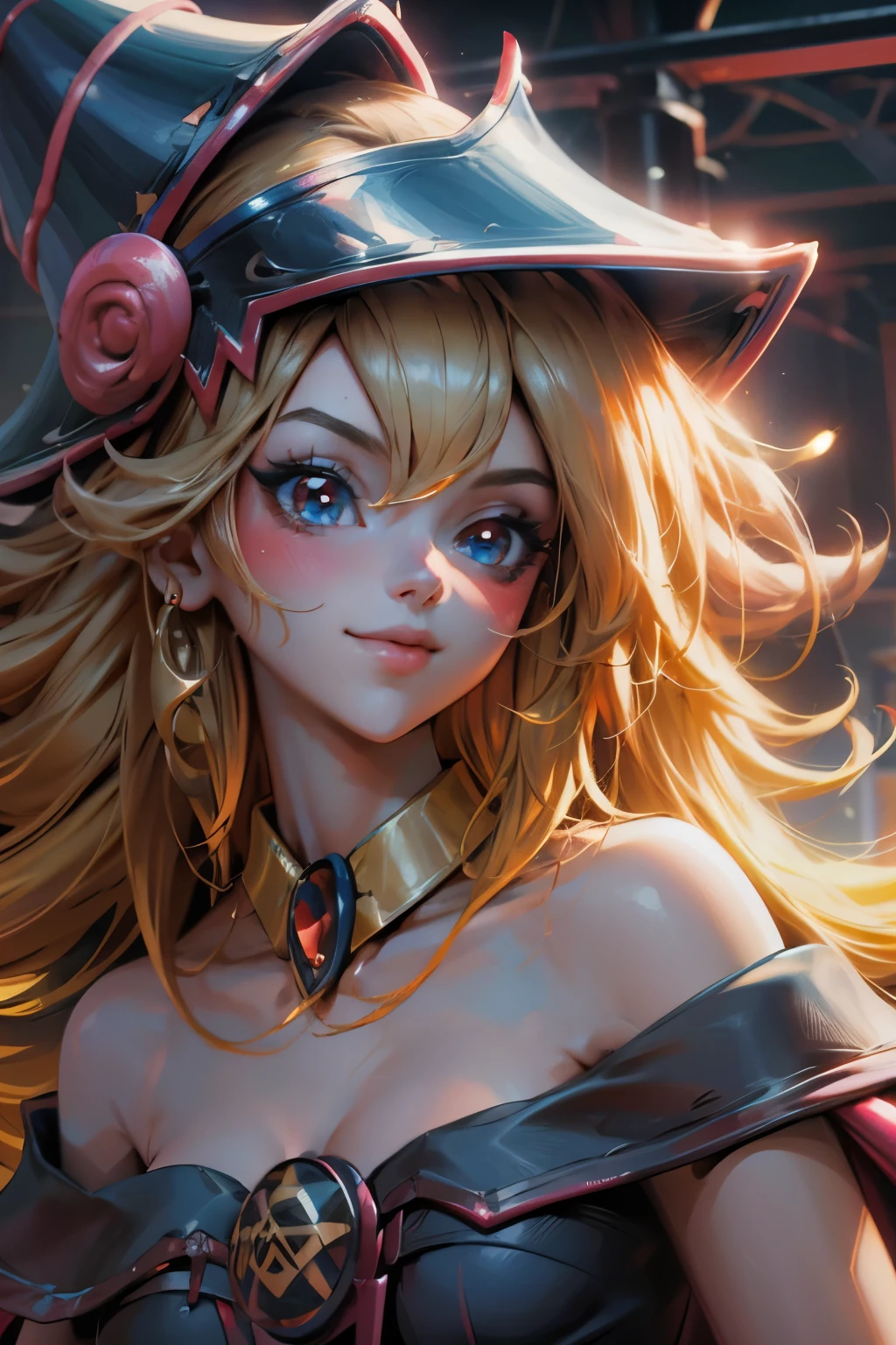 Hermoso rostro de dark magician gils, ojos azules. Labios rosados. Cabello rubio y largo. Ombros descubiertos, sonrisa angelical, hermoso rostro bien detallados de dark magician gils.