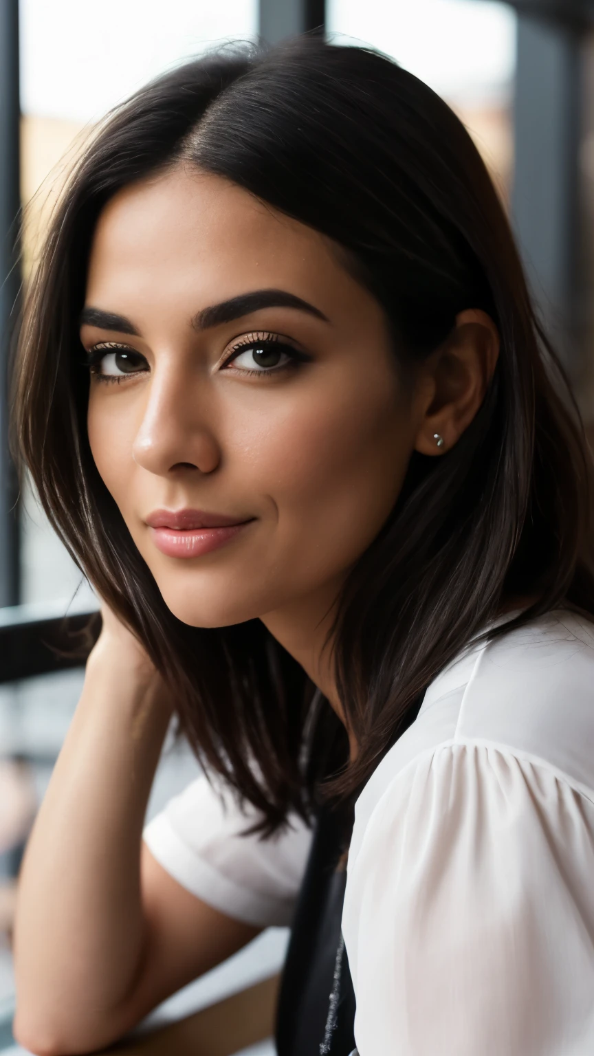 RAW photo in sequence, photo of an attractive businesswoman, woman in her 30s, medium to dark hair wearing sophisticated white and black clothes, sitting in a coffee shop, detailed face, closed mouth, slightly blurred detailed backgrounds, natural lights, hdr, realistic photo, professional photography, flirt with the viewer, sexy look, photorealistic, beautiful, natural skin, 8k hd, high quality, cinematic grain, Fujifilm XT3. Face similar to Jenifer Lopes