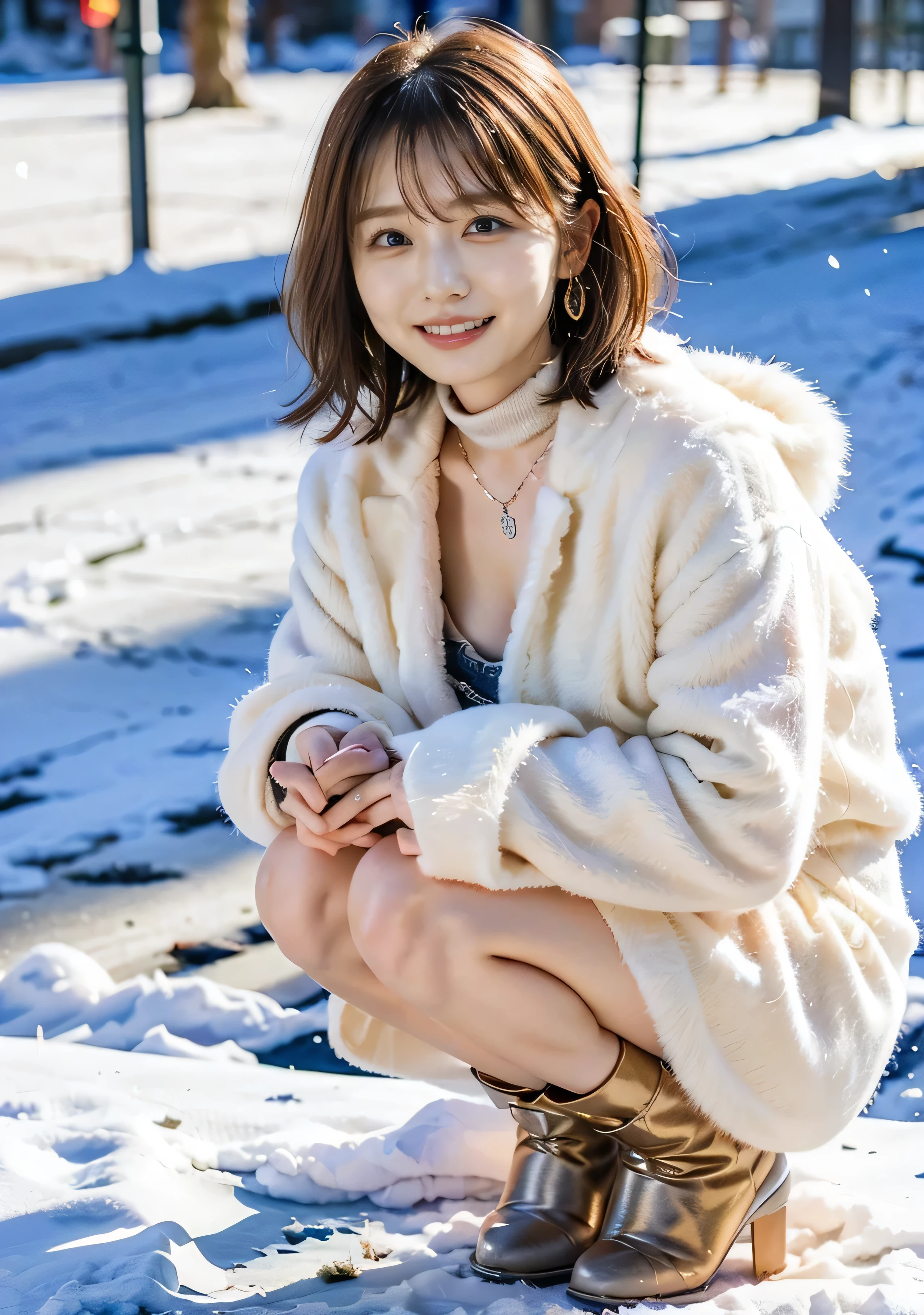 Outdoor、A luxurious grey mink coat with fur、Wearing leather boots、A luxurious bag、The inner turtleneck、Silver necklace and small silver earringillionaire Style:1.4））、Full body photo、smile、 Caustics、Highly detailed photos、Very beautiful woman 、Ample breasts、No makeup、(8k、RAW Photos、highest quality、masterpiece:1.2)、(Realistic、Realistic)、1 girl、((Medium Short Hair、Midwinter、Cold region Snow is falling、The wind is blowing、Fluttering Hair、Background Bokashi、Colorful illumination、Looking into the camera:1.4))、
