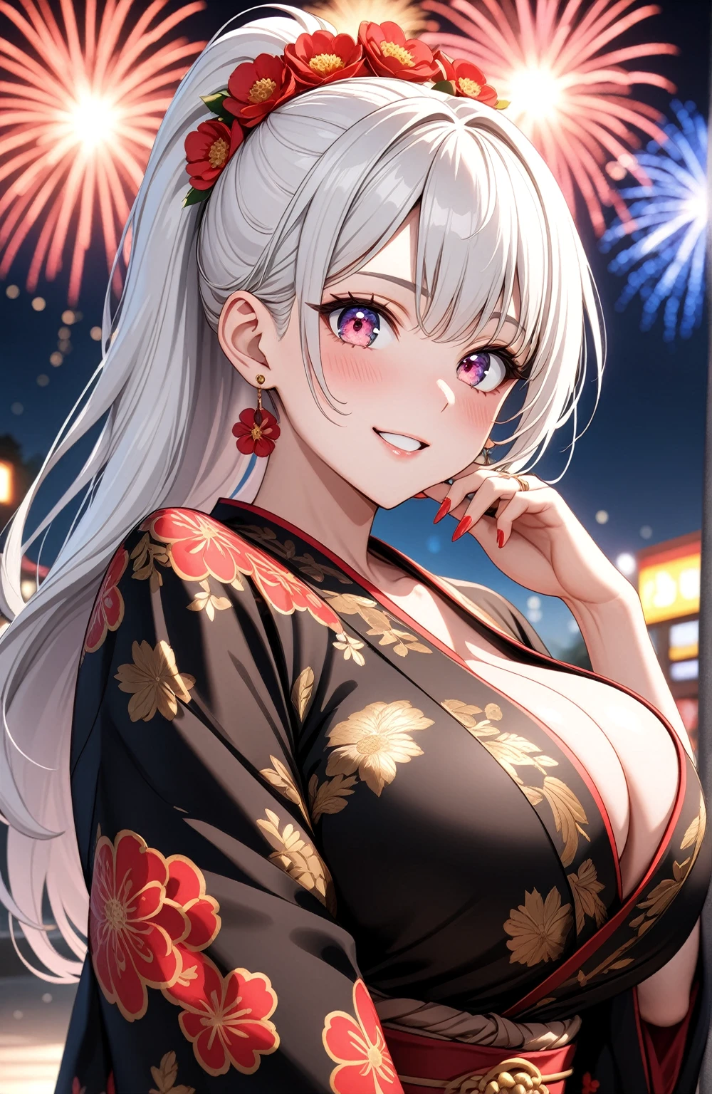 ((one personの女性)), Beautiful Face,Laughing embarrassedly,Laughing with your mouth open,((Bright red cheeks)),Glossy pink lips,night,Port Festival,firework,((Anime style background)),masterpiece, highest quality, so beautiful, Latest, Complex details, (Pink long nails),ring,AI-generated, Complex,High resolution, highest quality, super high quality,3D Images、View your viewers、3D Images,one person,Long white hair,High Ponytail,blue eyes,Anime woman posing for a photo, ((Fine grain、Colorful eyes、Shining Eyes:1.0)),(Squint your eyes:1.1),a hyperRealistic , hyperRealistic , Realistic,Anime woman with long and white hair, Smooth anime CG art, A woman in a colorful kimono with gold embroidery, (Black kimono),Red floral pattern,Long flower hair ornament,Big earrings,,Mature Body,(Big Breasts:1.2)Tall,Big Ass,Fine details,Narrow waist,(Face close-up:1.4),Tilt your face,Holding the udder with your hands