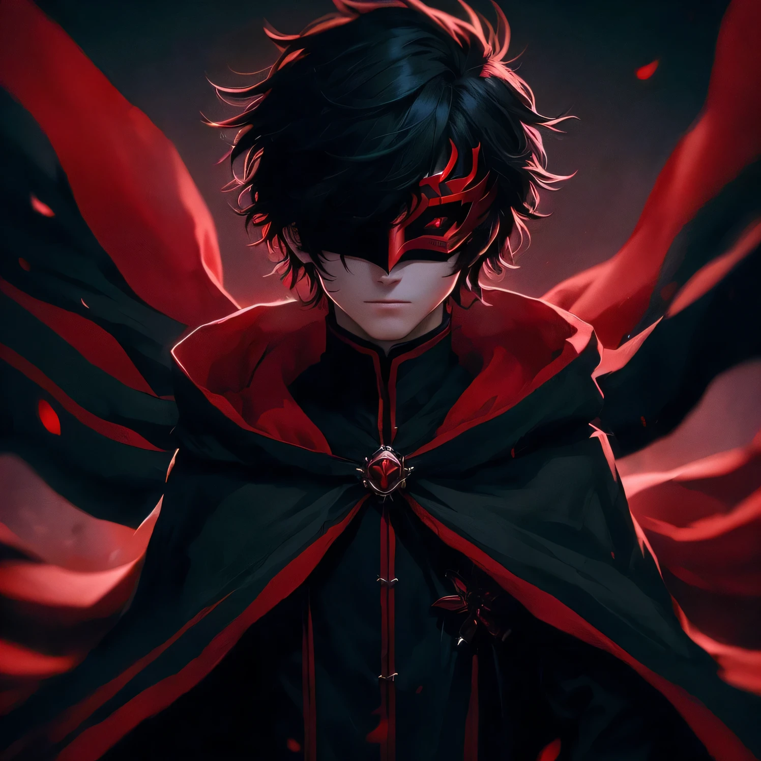 In a world of magic and mystery, there is one young man who stands out from the rest. His black and red robes billow behind him as he walks, his dark hair framing his face. But it's his red eyes that draw the most attention, and the mask that covers his features in a deep shade of red.