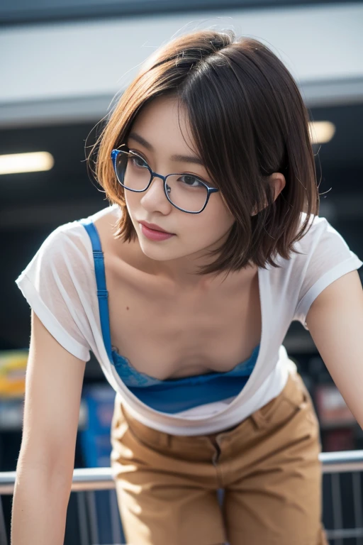 masterpiece, best quality, ultra quality, high quality, realistic, photo realistic,,natural lighting,(cinematic lighting:1.4),RAW photo, hyper detailed, intricate detailed, perfect anatomy, Fujifilm XT3, BREAK 1girl,Japanese,(slender abs:1.3),large hip,(camel toe:1.2),(dark blonde short pixie hair over one eye:1.2), (leaning forward:1.4),(smile),(blushing:1.3),teary eyes,(denim skirt), BREAK (downblouse:1.3),(wearing sexy blue bra under loose white t-shirt:1.5),(breast focus), (looking at the floor),( looking to the side),( looking at another:1.4),(glasses:1.4),(pale color large Areola), BREAK (in super market:1.5),(indoor),(shopping cart),( stacking supermarket shelves), (mideum shot), ,from front, standing,