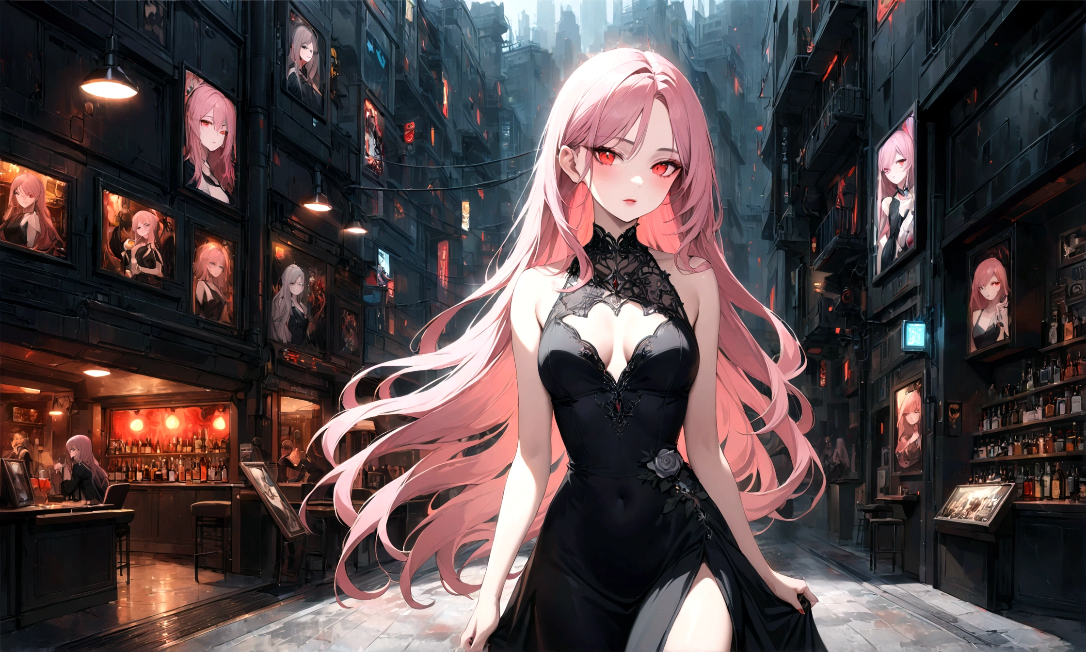 Arafed, dark fantasy art, glamour shot, award winning shot, photorealistic, a portrait of a female vampire drinking a glass of blood,, pink hair, long hair, red lips, glowing eyes, there is an imprint of white rose, dynamic color, she wears, an elegant (black dress: 1.5), blood dripping from lips, cyberpunk bar background, 16k, ultra detailed, masterpiece, best quality, (extremely detailed), Dark Art Painting Style