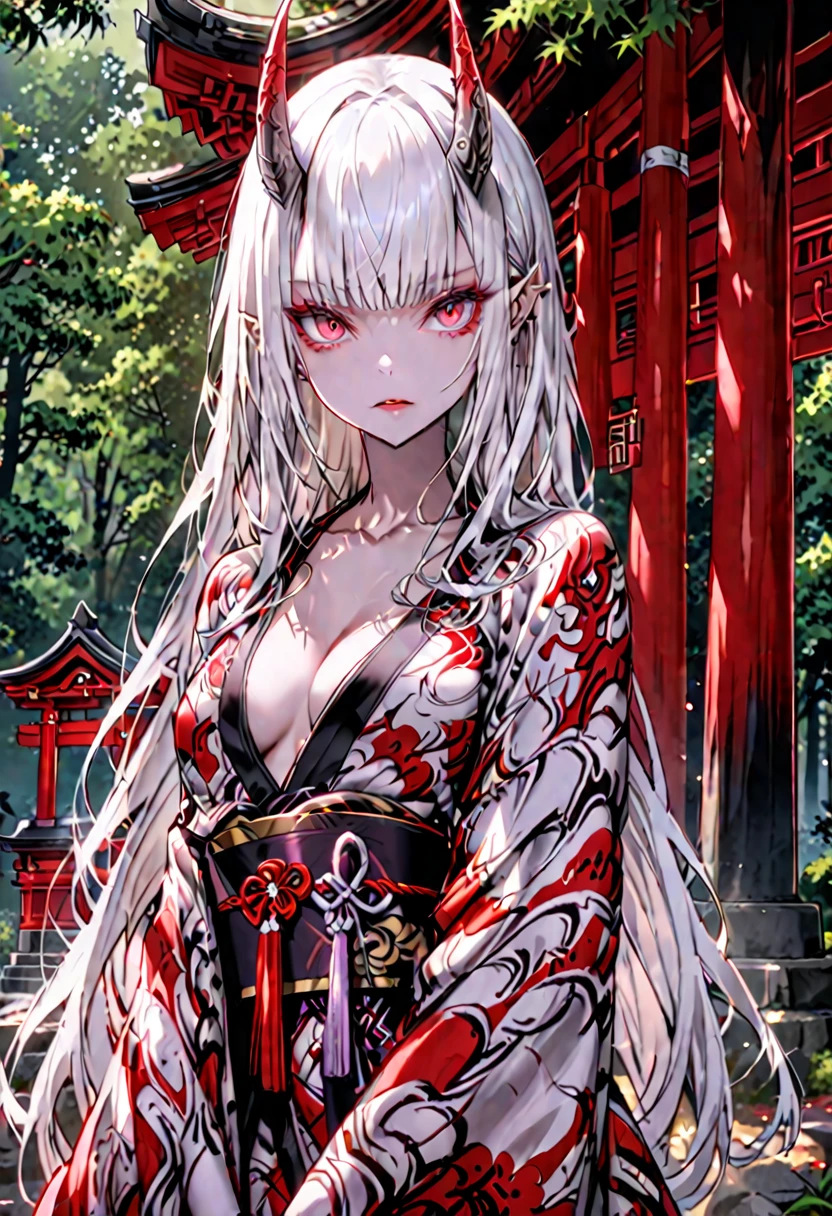 female, oni, flesh horns, luxurious kimono, white hair, long hair, small breasts, cleavage, red eyes, kanabou, forest, japanese shrine, straight hair