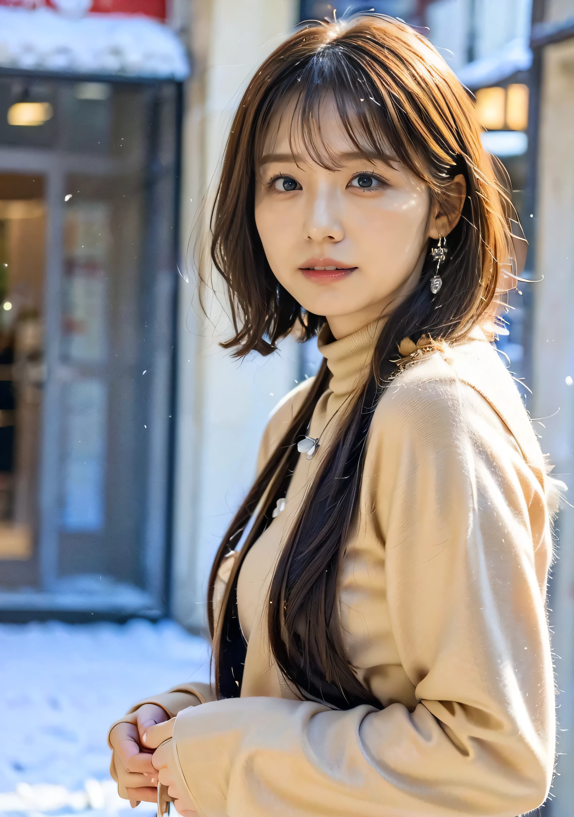 Gorgeous mink fur coat and boots、The inner turtleneck、Shot outdoors、A luxurious bag、Silver necklace and small silver earrings、（（Millionaire Style:1.4））、Full body photo、smile、 Caustics、Highly detailed photos、Very beautiful woman 、Ample breasts、No makeup、(8k、RAW Photos、highest quality、masterpiece:1.2)、(Realistic、Realistic)、1 girl、((Medium Short Hair、Midwinter、Cold region Snow is falling、The wind is blowing、Fluttering Hair、Background Bokashi、Colorful illumination、Looking into the camera:1.4))、
