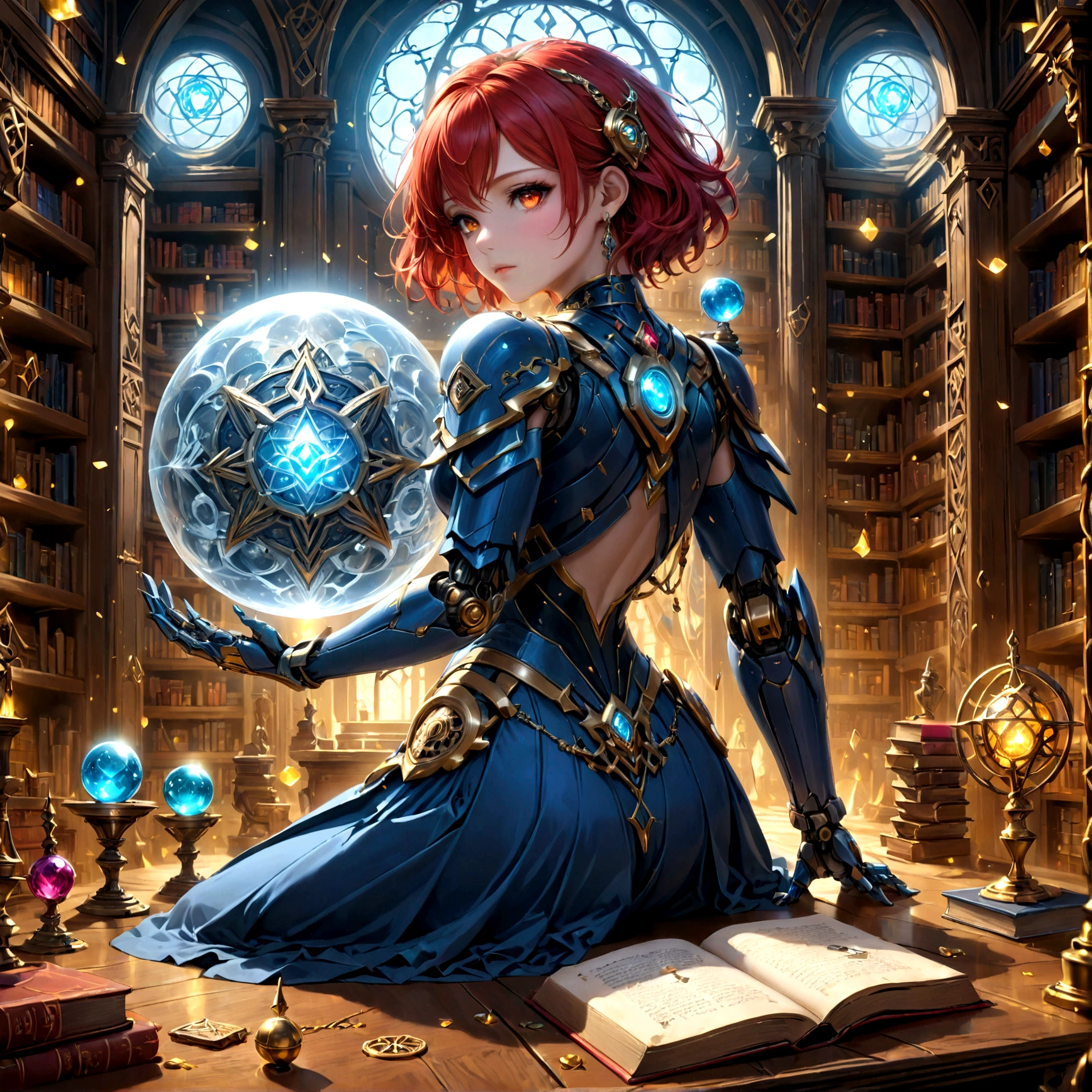 arafed, high details, best quality, 16k, [best detailed], masterpiece, best quality, (extremely detailed), a view from the rear (best details, Masterpiece, best quality), photorealistic, fantasy art, RPG art, a picture of a ((single1)) human mecha woman sorceress sittings in her magical lab, divining distant places in her crystal ball, epic beautiful mecha human woman (best details, Masterpiece, best quality), ultra detailed face (best details, Masterpiece, best quality), red hair, short hair, red eyes, dynamic dress (best details, Masterpiece, best quality), magical library, with many books, and magical runes and wards, glowing arcane sigils GlowingRunes_paleblue, crystal ball (best details, Masterpiece, best quality) on table, runes on crystal balls GlowingRunes_yellow, fantasy magical library background (best details, Masterpiece, best quality), Ultra-Wide Angle, high detail, award winning, best quality, HD, 16K, 3D rendering, high details, best quality, highres, ultra wide angle, 3D rendering, [[anatomically correct]]