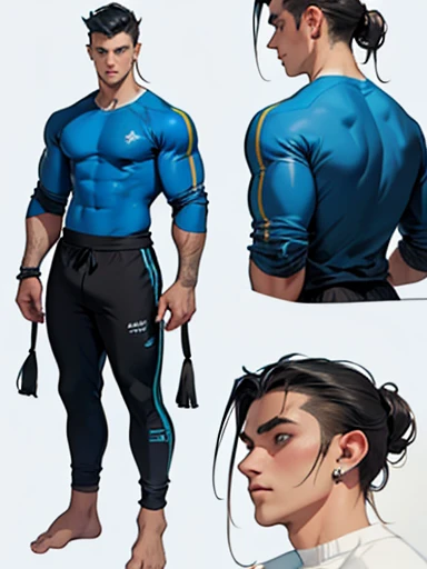 Elf Male , blue pupils, Black Tied hair , wearing Earrings , Concept ART , dojo Workout clothes ,