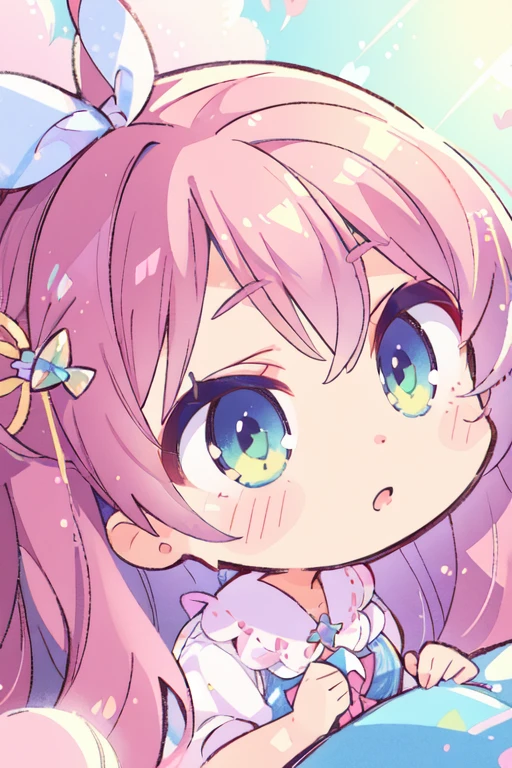 a cute chibi girl, long wavy hair, beautiful detailed eyes, extremely detailed face,highres, masterpiece, detailed illustration, soft pastel colors, cinematic lighting, fantasy