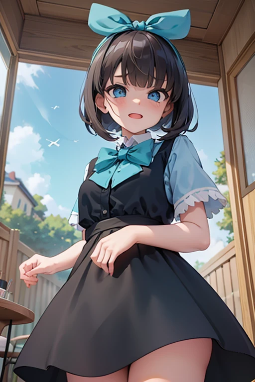 (masterpiece), best quality, expressive eyes, perfect face, solo, 1girl, dark black brown short hair, long bangs, bangs over one eye, head bun, blue eyes, wide open surprised eyes, frown, smiling, open mouth, ((greenish blue headband with bow)), ((light blue shirt)), black dress, cowboy shot, pinting viewer, indoor scenery, super low angle view, ((shot from below))