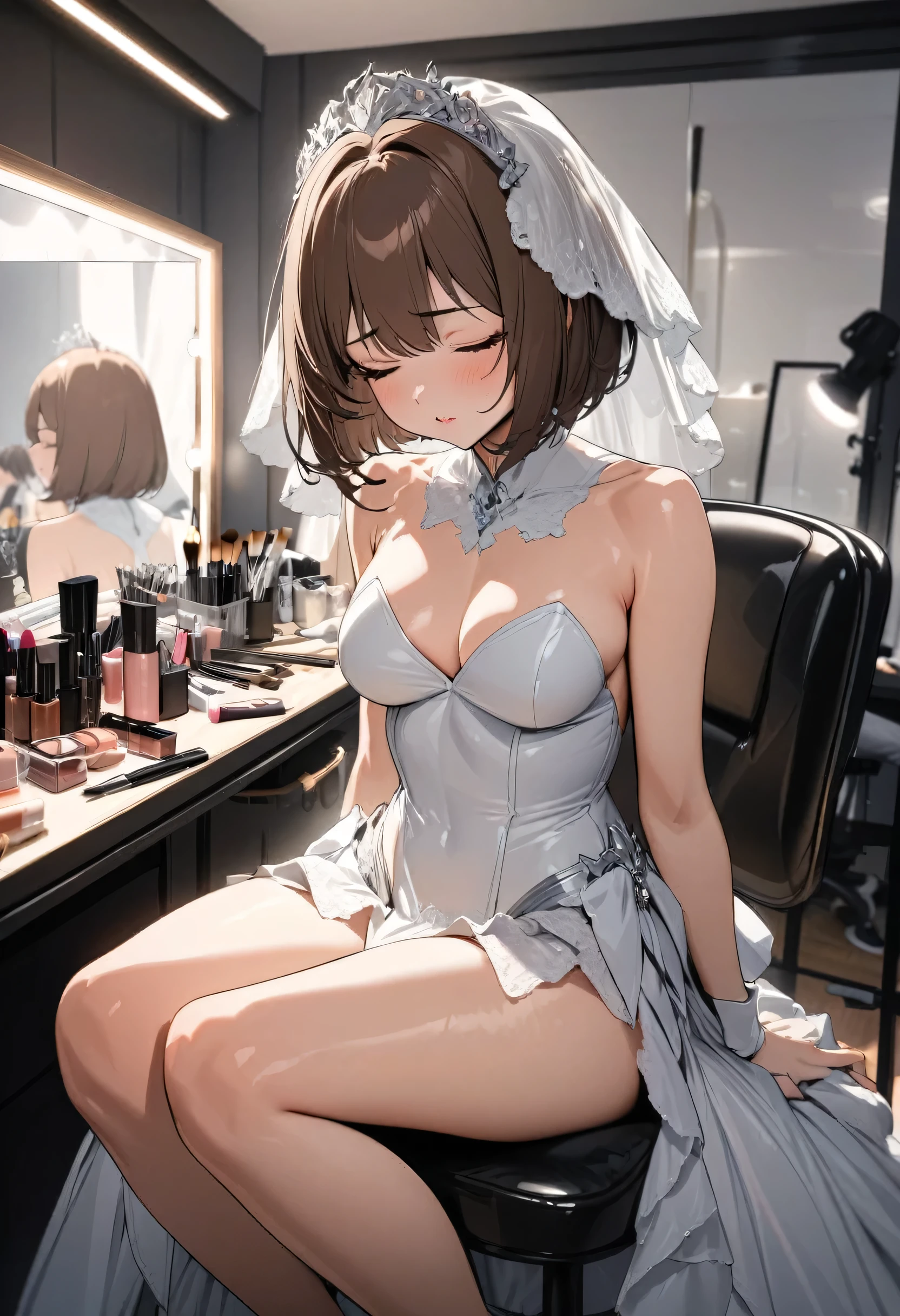 ((make-up style)) (solo bob brown hair short hair sexy bride woman, closed eyes), (in the Makeup room), sit down on chair, perfect anatomy, masterpiece, best quality, 16k, beautiful detailed grow, daydreaming expression.