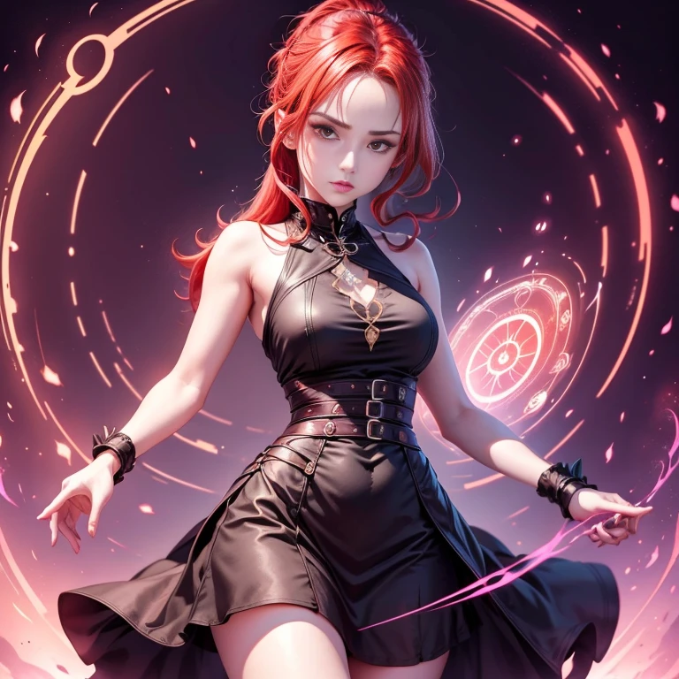 (1girl) A red hair in a pony tail magician lady with narrow waist and big hips wearing a black mini dress with pink ormanent, summoning circle behind