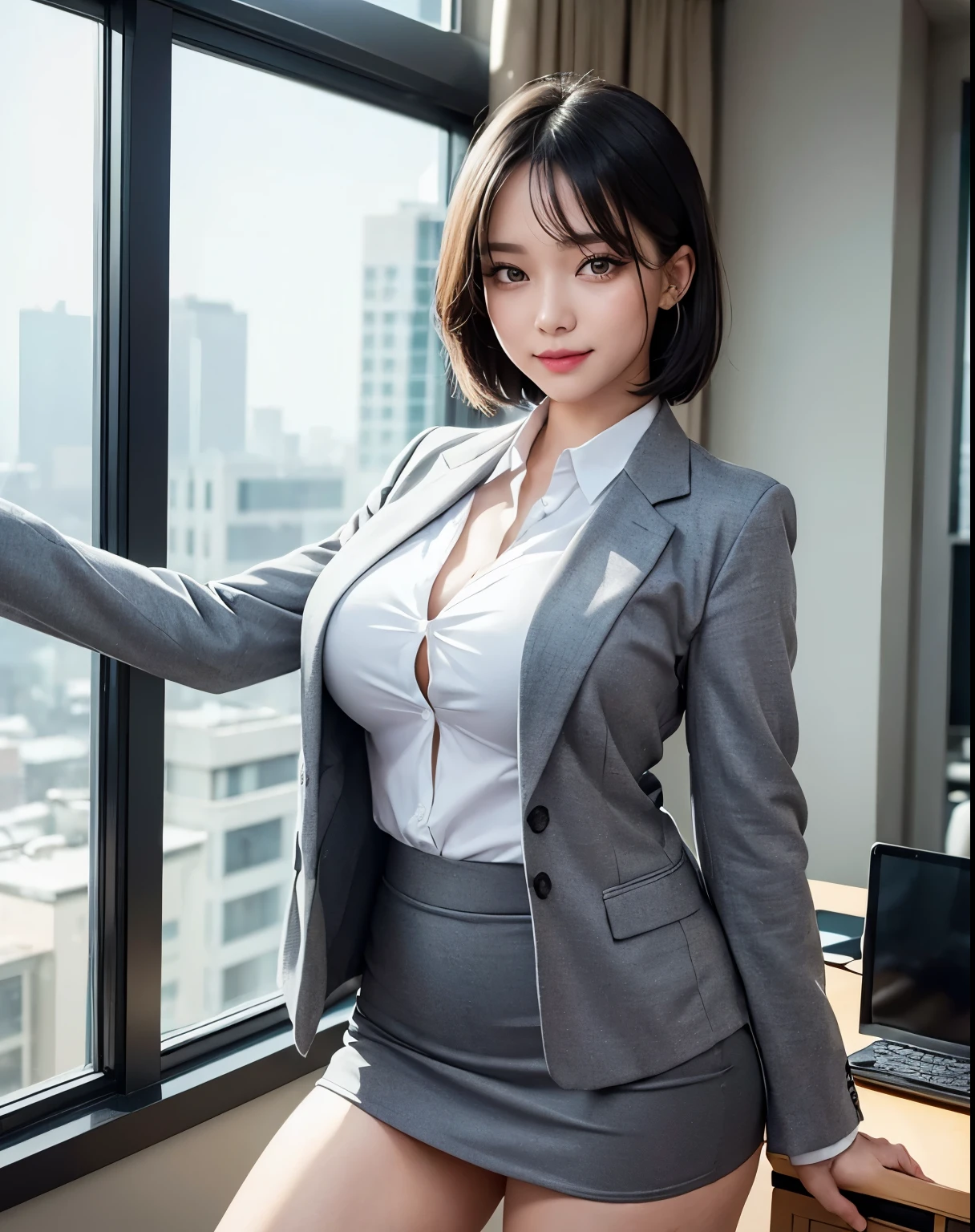 1girl, (Black Eyes), (smile), (beautiful makeup), (wide hips), (Big tits), (big ass), (Best Quality, 8k, Masterpiece: 1.3), Clear Focus: 1.2, Perfect Body Beauty: 1.4, strong abs, Highly detailed face and skin texture, (detailed eyes :1.2), double eyelids, (black short hair :1.2), (gray Business suits :1.2), (white dress shirt :1.1), (gray blazer :1.1), (gray Mini skirt), standing, dynamic pose, in a office, computer in the background
