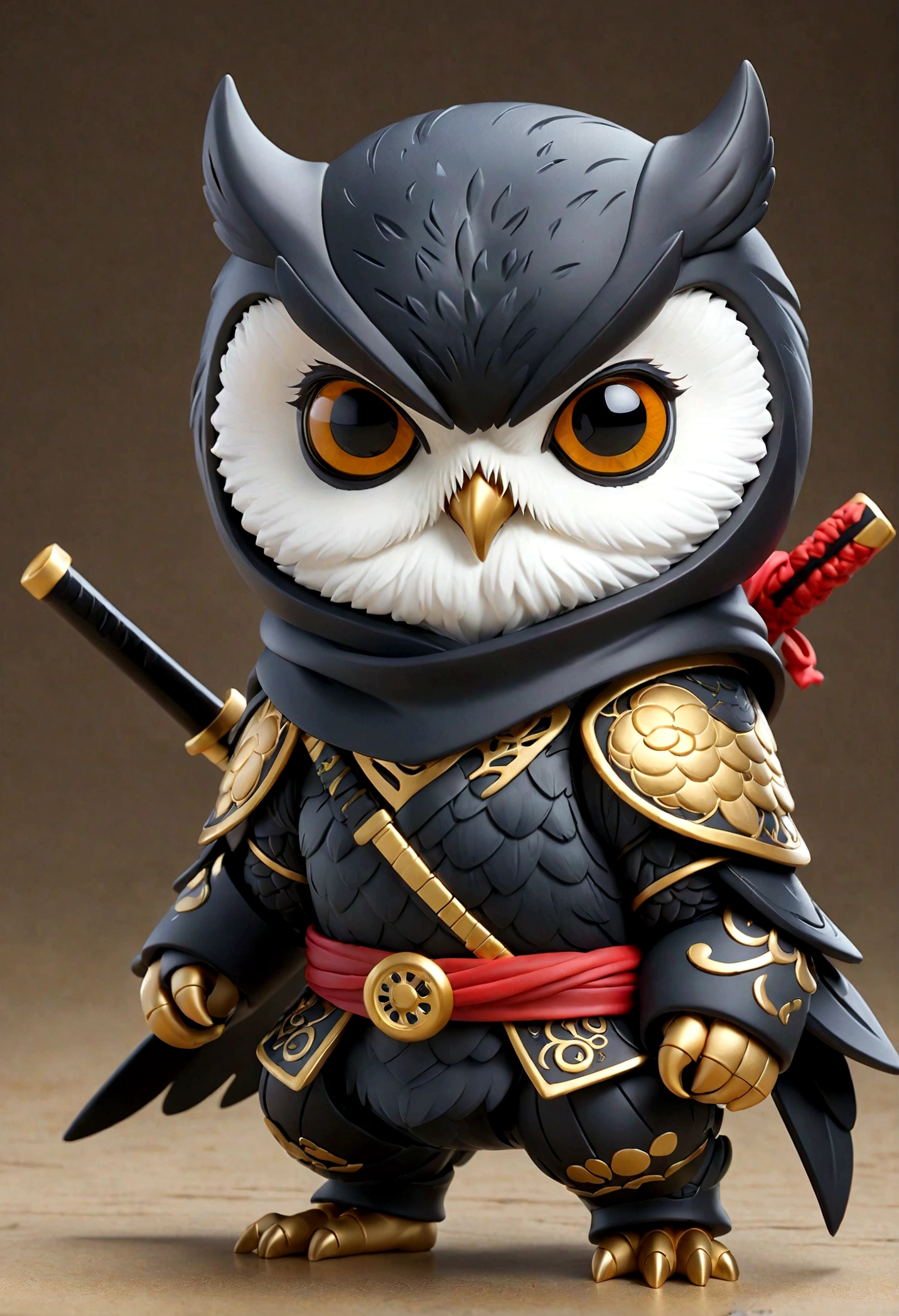 A vibrant dark fantasy cute ninja owl in a clean minimalistic style ( Perfect anatomical structure ) Calm and peaceful very cute ninja owl (Cute Ninja Owl Nendoroid, ), (masterpiece),逼真的masterpiece
(best quality), (Ultra-high detail) Very cute ninja doll without bottom seat)Stunning artwork super detailed digital art