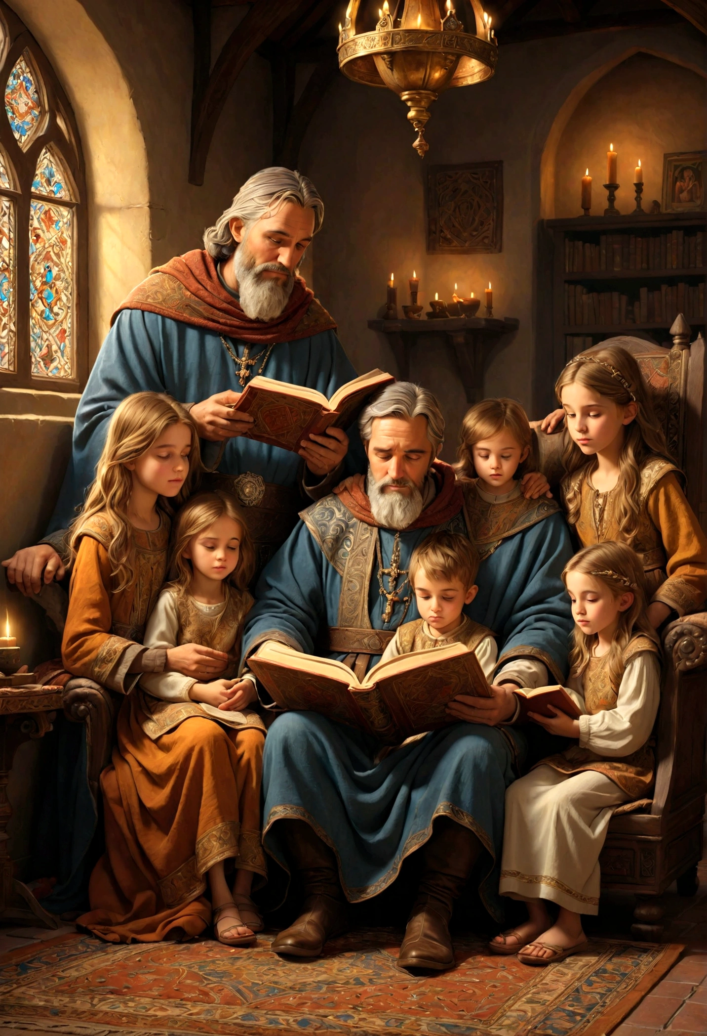 Family man, sitting in an armchair, reading a holy book. His little son is there. His five daughters are there, sitting around the father on a rug with medieval ornaments. His wife is next to the , hugging him, watching his father read the sacred book. A room illuminated with warm light. Hyper realistic, intricate details, high definition, detailed panoramic.