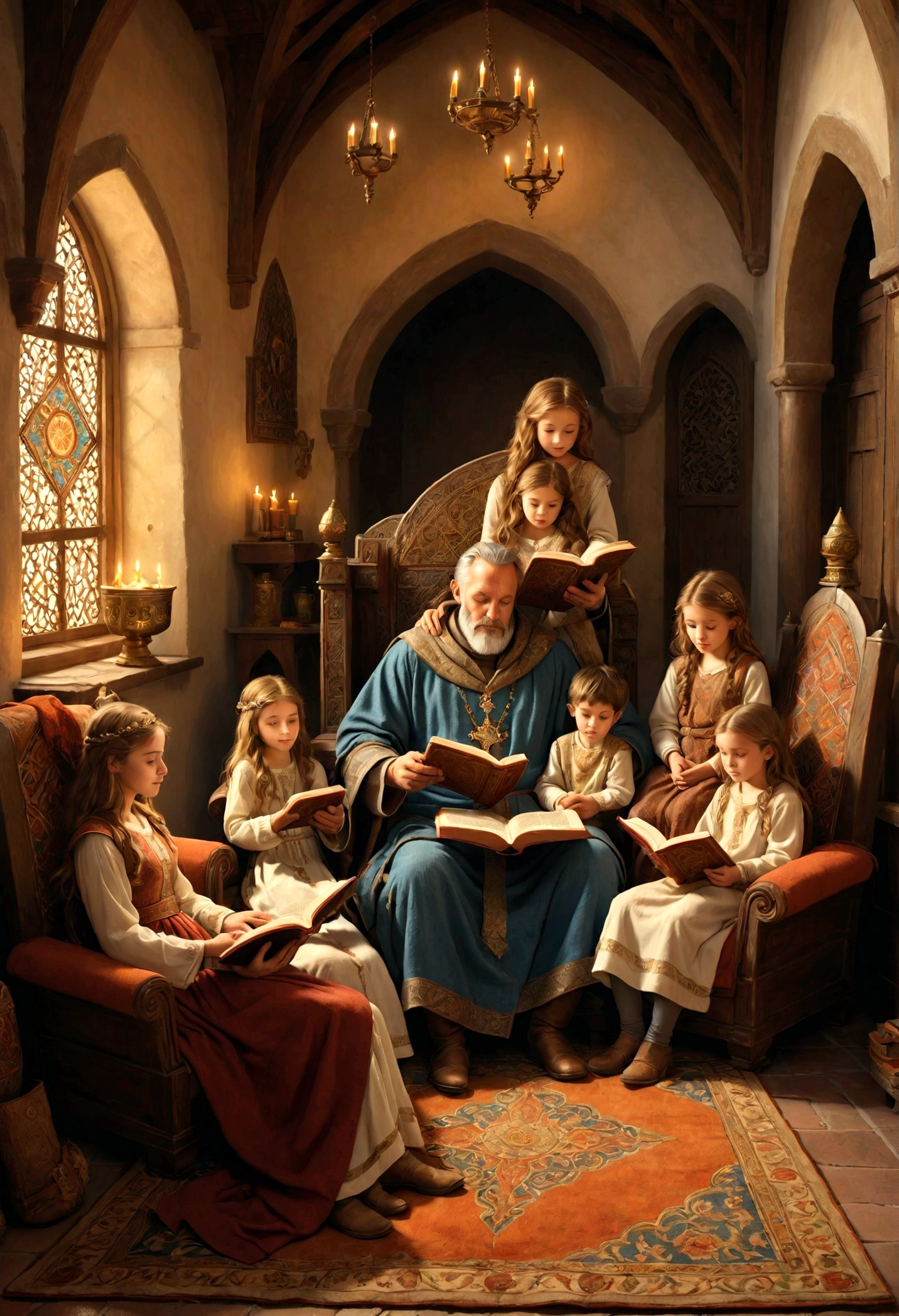Family man, sitting in an armchair, reading a holy book. His little son is there. His five daughters are there, sitting around the father on a rug with medieval ornaments. His wife is next to the little boy, hugging him, watching his father read the sacred book. A room illuminated with warm light. Hyper realistic, intricate details, high definition, detailed panoramic.