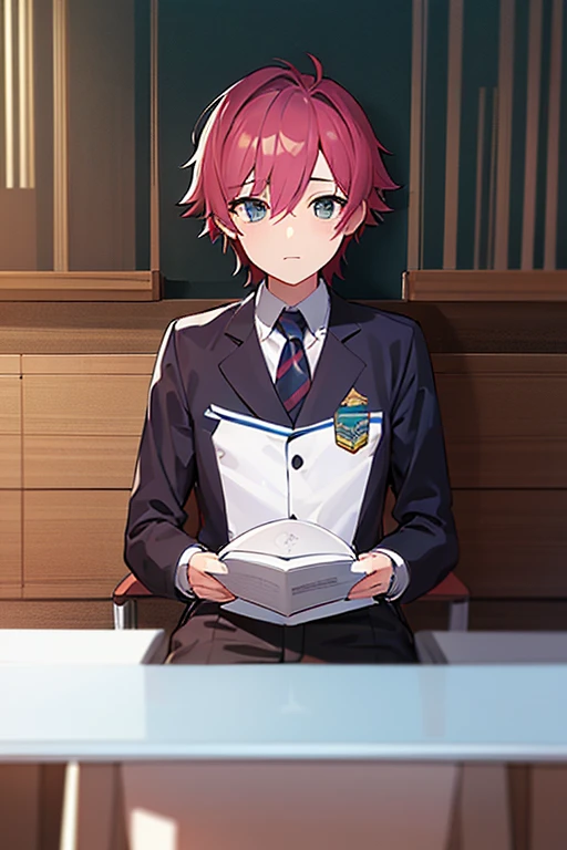 Um garoto(masculino) de 18 anos sentado em uma mesa estudando na escola, o garoto tinha cabelos vermelhos, vestindo um uniforme escolar.