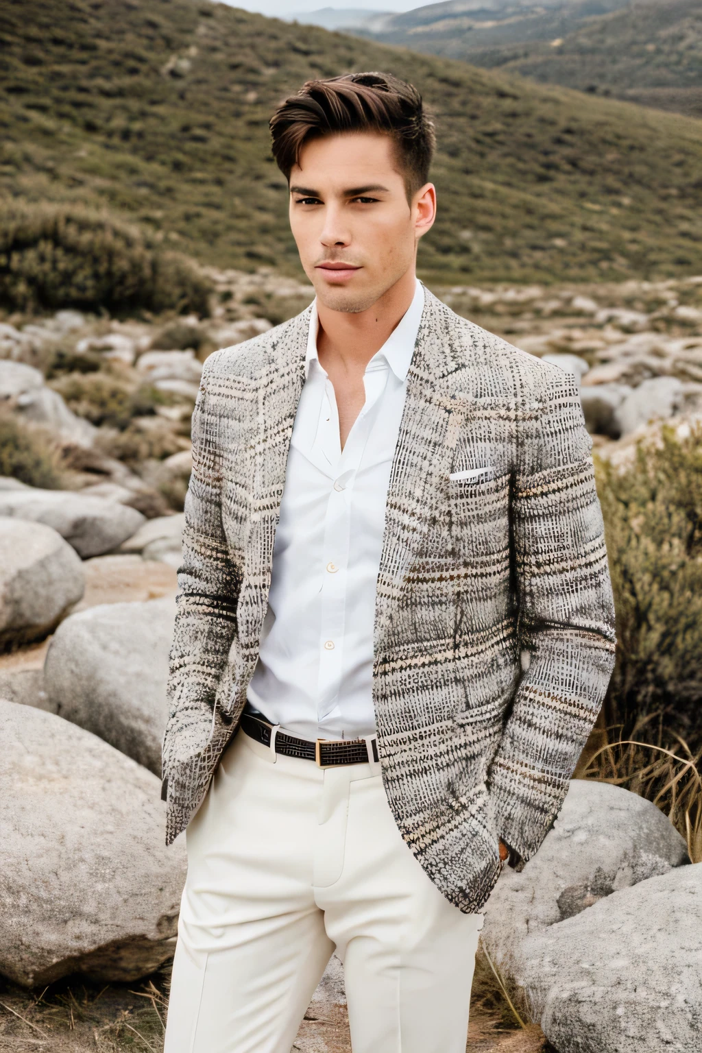 Photo of a male model in a landscape wearing a fashion style outfit (no people in the background and focus on human detail) (with hands in pocket) Perfect humans
