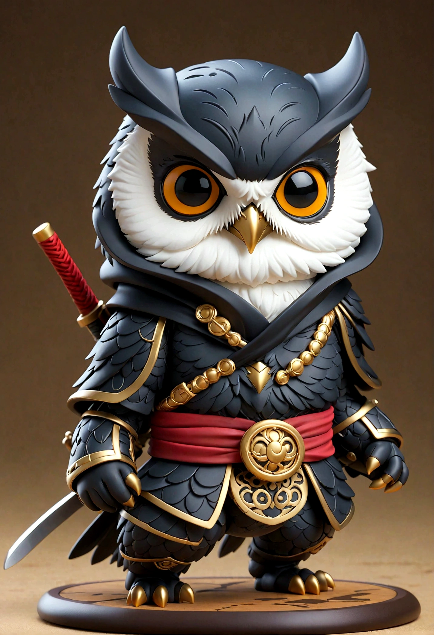     A vibrant dark fantasy cute ninja owl in a clean minimalistic style ( Perfect anatomical structure )  Calm and peaceful very cute ninja owl (Cute Ninja Owl Nendoroid, ), (masterpiece),逼真的masterpiece

         (best quality), (Ultra-high detail) Very cute ninja doll without bottom seat)Stunning artwork super detailed digital art