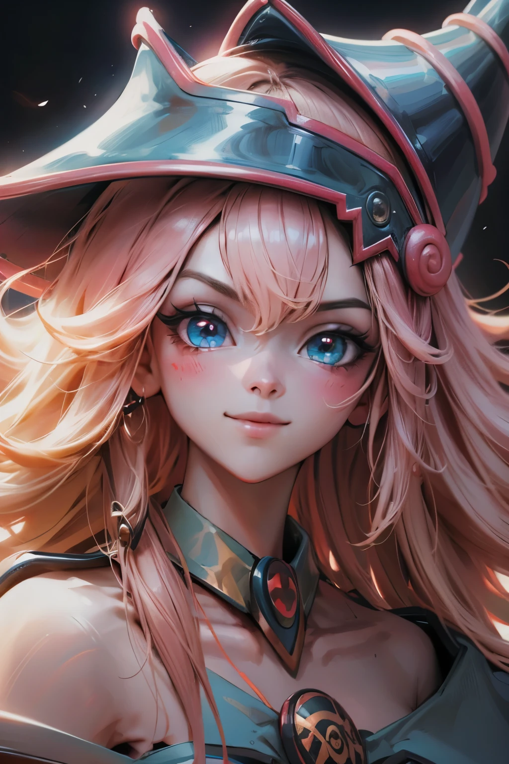 Hermoso rostro de dark magician gils, ojos azules. Labios rosados. Cabello rubio y largo. Ombros descubiertos, sonrisa angelical, hermoso rostro bien detallados de dark magician gils.