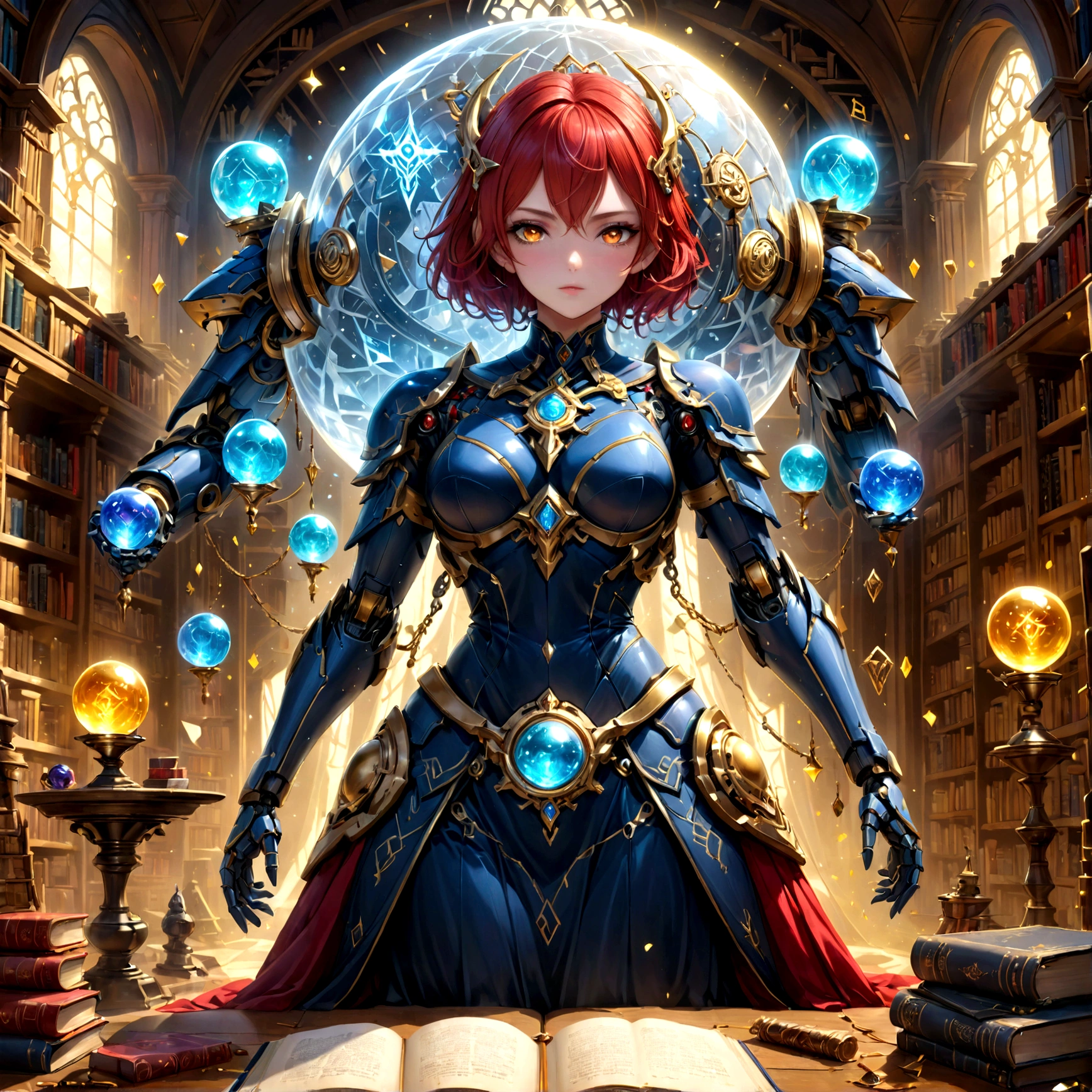 arafed, high details, best quality, 16k, [best detailed], masterpiece, best quality, (extremely detailed), a view from the rear (best details, Masterpiece, best quality), photorealistic, fantasy art, RPG art, a picture of a ((single1)) human mecha woman sorceress sittings in her magical lab, divining distant places in her crystal ball, epic beautiful mecha human woman (best details, Masterpiece, best quality), ultra detailed face (best details, Masterpiece, best quality), red hair, short hair, red eyes, dynamic dress (best details, Masterpiece, best quality), magical library, with many books, and magical runes and wards, glowing arcane sigils GlowingRunes_paleblue, crystal ball (best details, Masterpiece, best quality) on table, runes on crystal balls GlowingRunes_yellow, fantasy magical library background (best details, Masterpiece, best quality), Ultra-Wide Angle, high detail, award winning, best quality, HD, 16K, 3D rendering, high details, best quality, highres, ultra wide angle, 3D rendering, [[anatomically correct]]