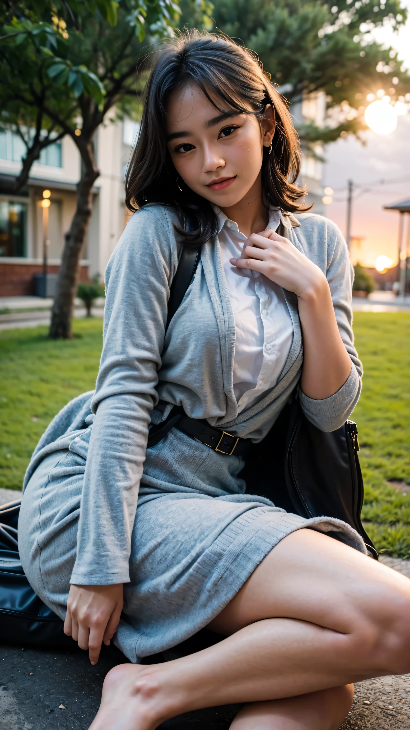 (best masterpiece), ultra-high quality, highly detailed, Ultra-HD Images, soft lighting, Ultra-Fine Picture, DSLR, ini, ultra sharp, ((Ultra-HD Picture:1.4)), 8K IMAGES, ((realistic detailed human:1.2)), indonesian, adult girl, 26 years old, medium breast, sexy body, sweet smile, full body view, The background in the garden is a sunset atmosphere, wearing jk uniform