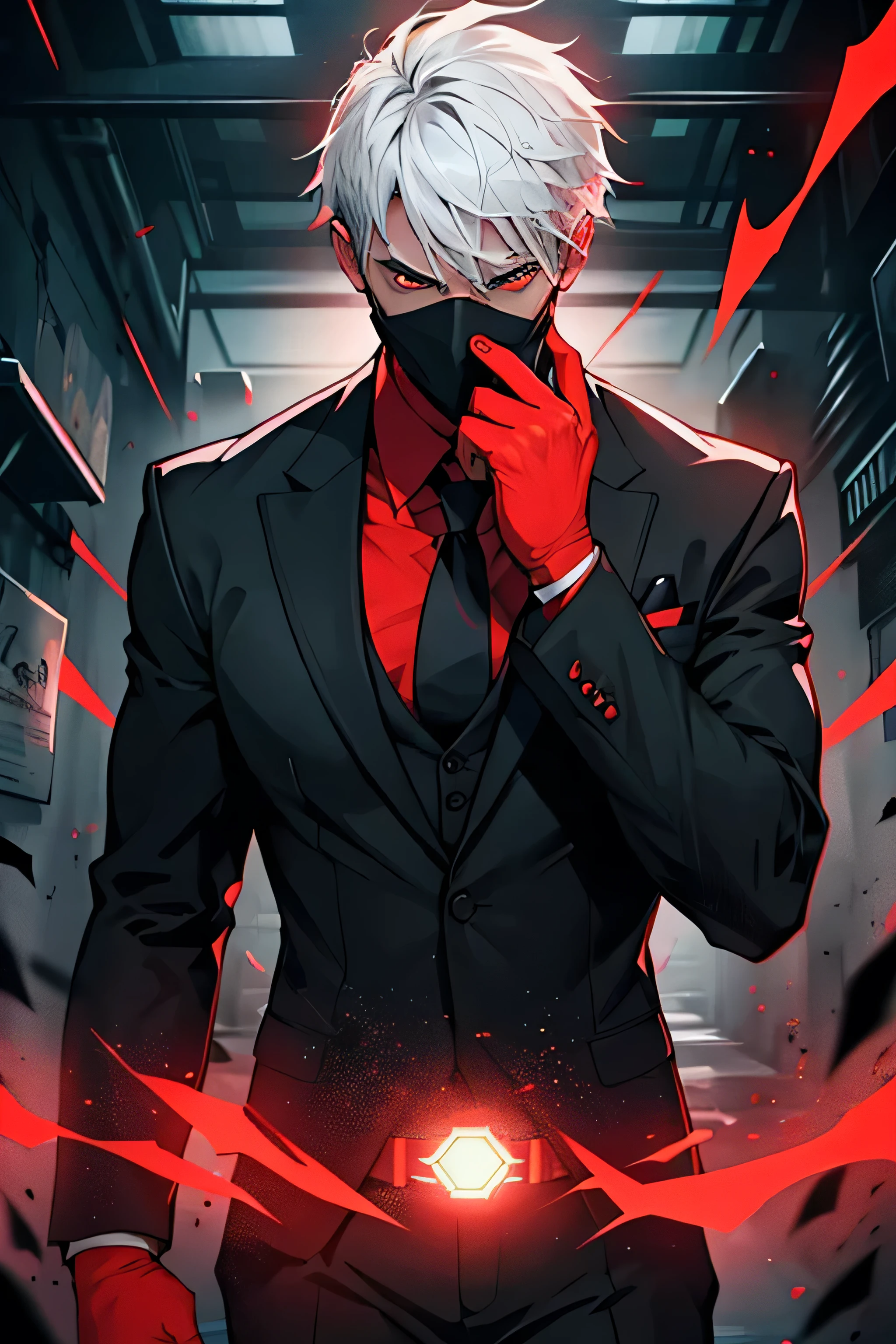 Create an image of a man wearing a black mask, completely covering his face except for two glowing eyes. He must be wearing a smart black suit, with a scarlet red tie. Money must be falling in the background, creating a dramatic and ominous effect. The lighting should be dark and mysterious, with a single spotlight illuminating the man's face. The character must convey a sense of power and intrigue.