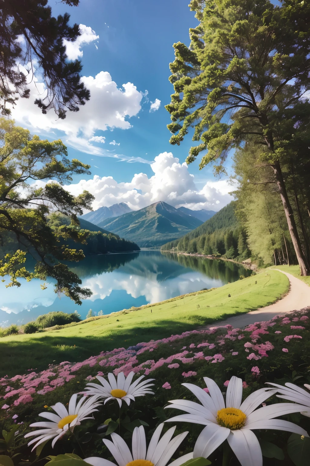 God resting after finishing His work. A cena deve ser tranquila e serena, situada em um lugar bonito e calmo. Deus deve estar sentado de maneira relaxada, com um sorriso suave, emanando paz e contentamento. Ao seu redor, a natureza deve ser exuberante, com paisagens de montanhas, um lago sereno, green trees and colorful flowers. The sky must be clear, com um brilho suave e acolhedor. The overall atmosphere of the image should convey a feeling of rest, beleza e harmonia divina.