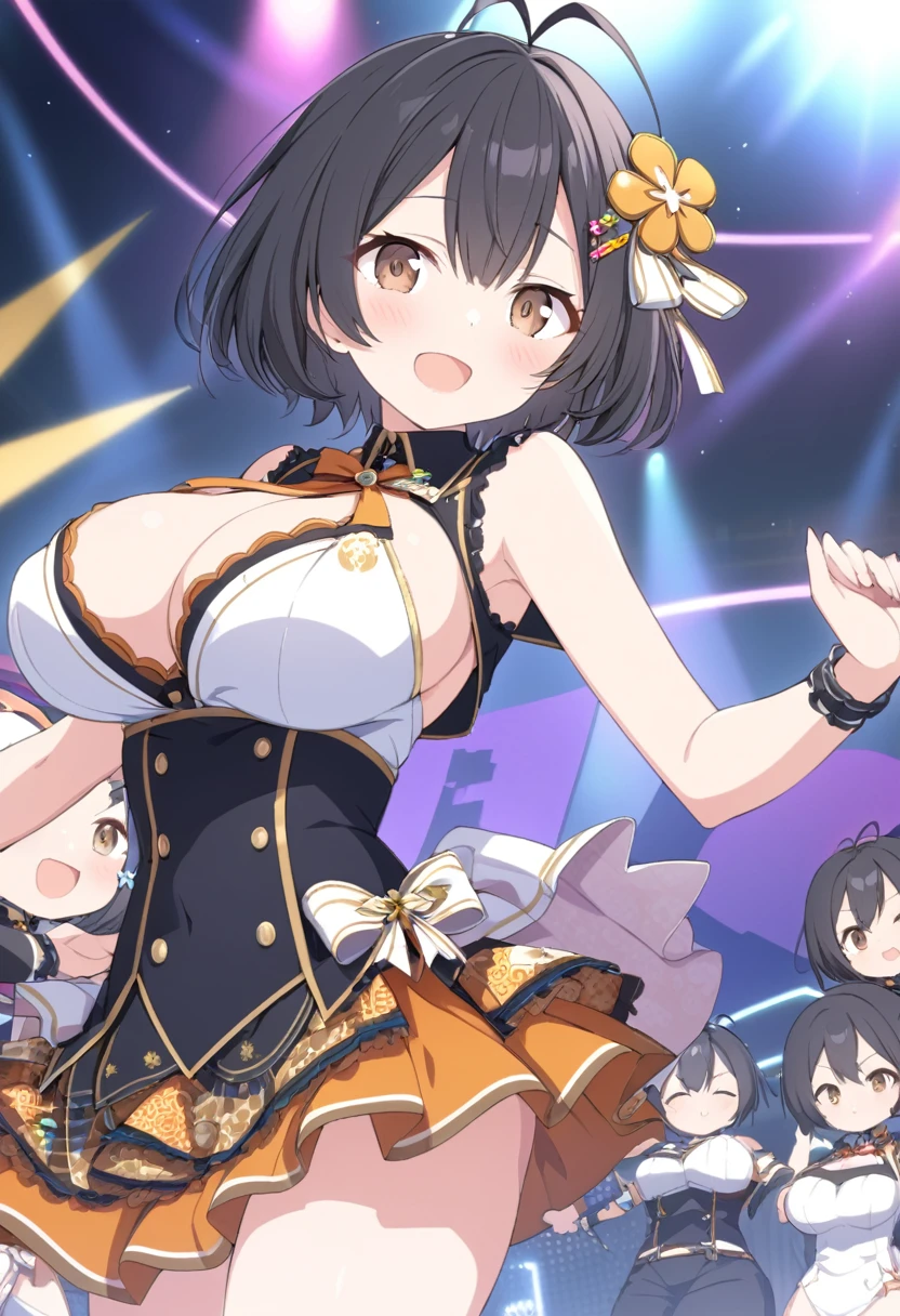 yamadahana, antenna hair ,black hair, short hair, brown eyes, hair ornament,, large breasts,, Live Stage, solo 