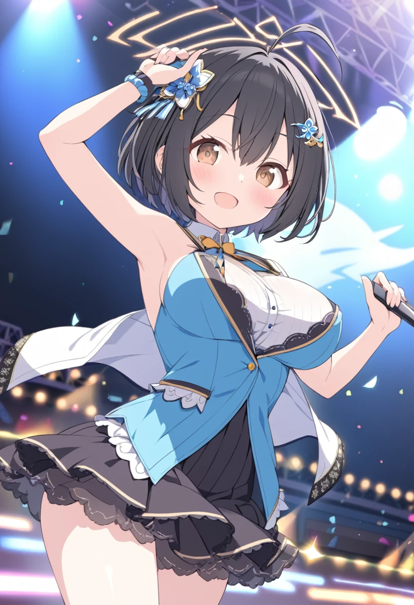 yamadahana, antenna hair ,black hair, short hair, brown eyes, hair ornament,, large breasts,, Live Stage, solo 