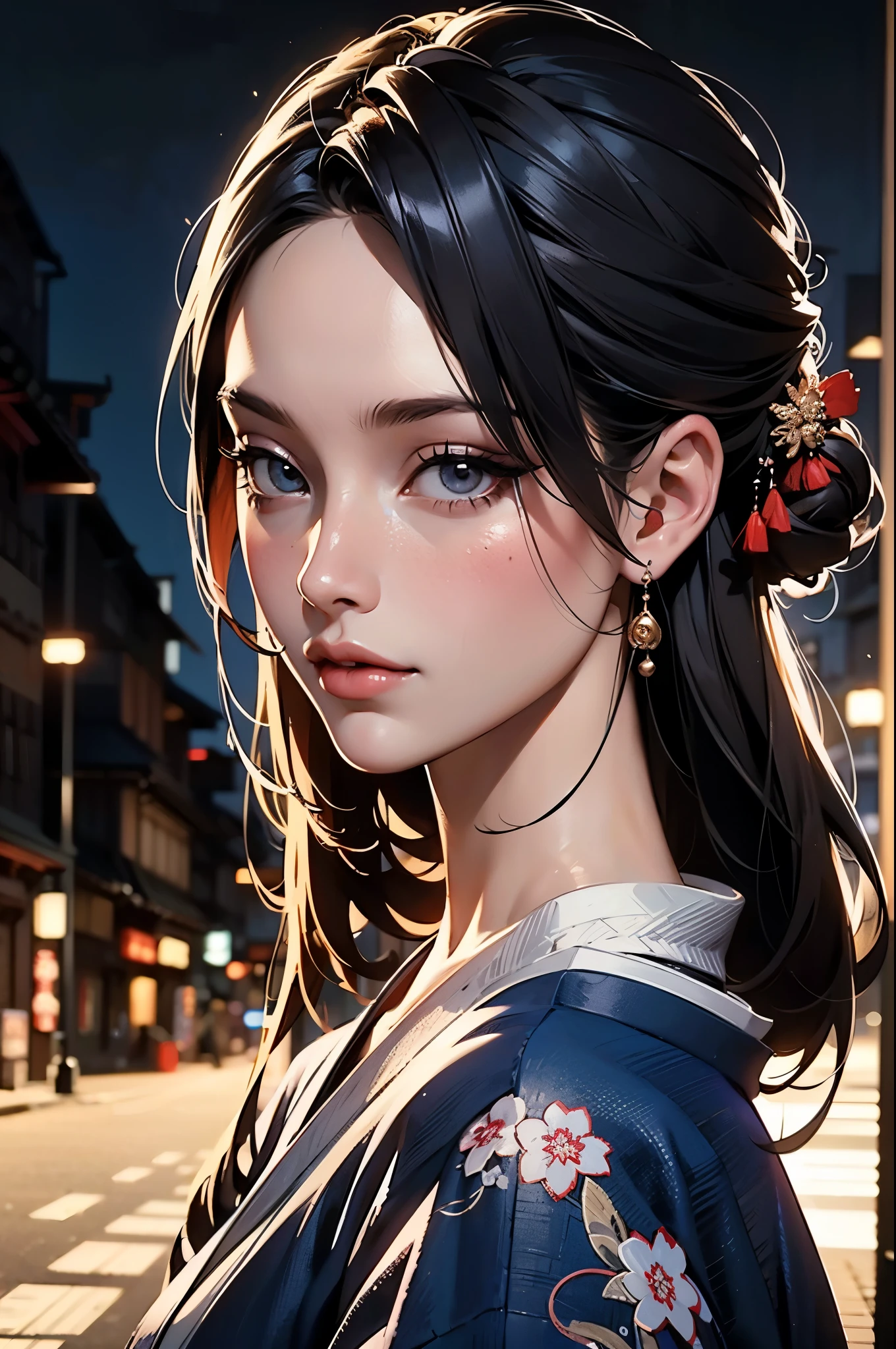 ((highest quality)), ((masterpiece)), (be familiar with), perfect face,fine skin,Beauty,fantasy,Japan,Beauty in the background of the ancient city,kimono,Octane render