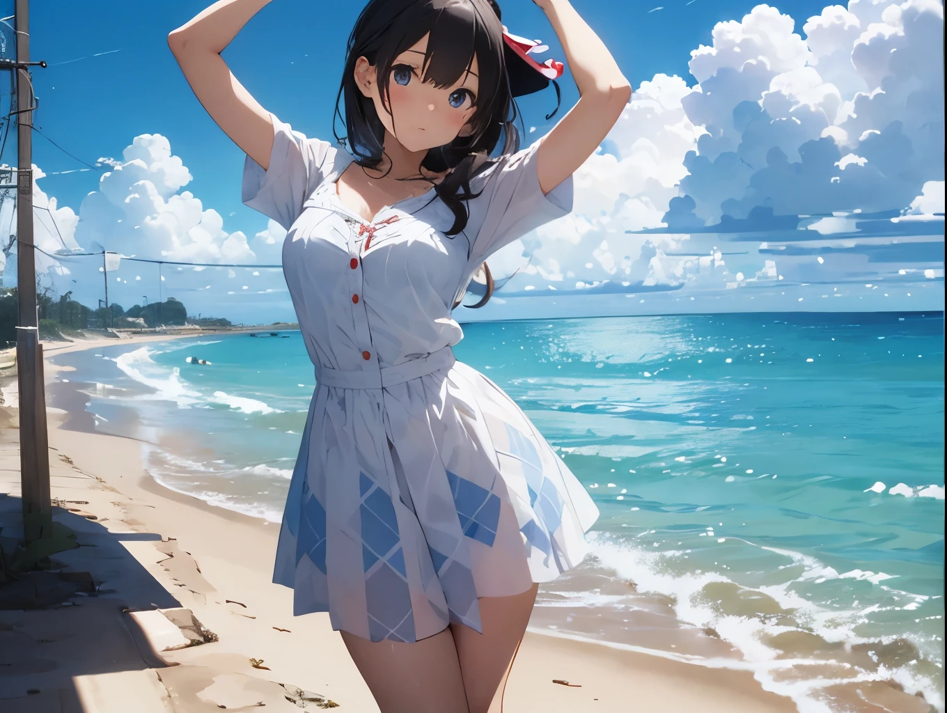 Breasts sticking to a white dress shirt、She lifts her light blue and white checkered skirt with both hands to show off her cute white underwear with ribbons、barefoot、Sandy beach, sea, cumulonimbus clouds and blue sky