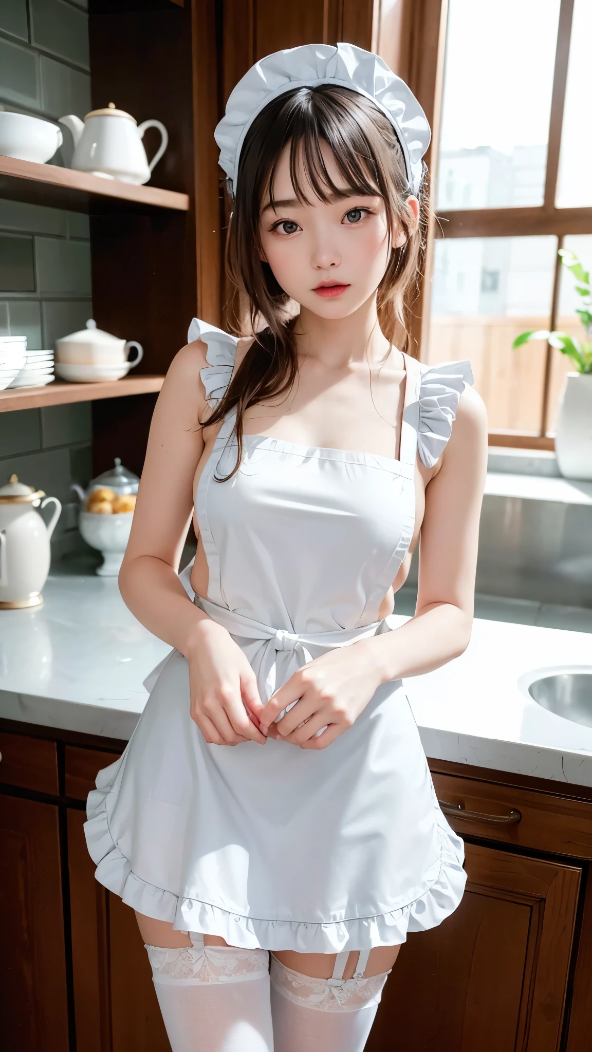 8k、Enchanting girl, Very detailed,Audrey Hepburn, Exquisite decorative details 、Stylish apron、 Very intricate details 、 Realistic Light, Very intricate details 、 Realistic Light,apron,sideboob、Put your hands behind your back