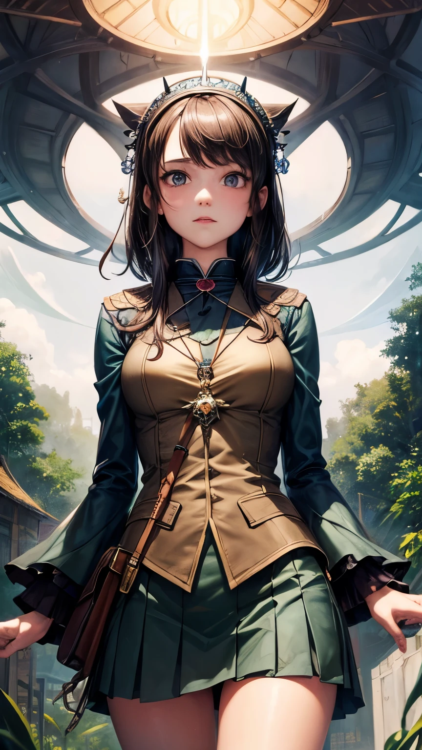 Séverine Pineaux, Pierre Probst, André Hellé, Olivier Tallec, Surrealism, strange, bizarre, fantastical, fantasy, Sci-fi, Japanese anime, encyclopedic thought, world theater concept, Rosicrucian movement, universal language concept, miniskirt pretty aviator and Tokyo's rainforest, perfect voluminous body, detailed masterpiece Hyper realistic sharp focus looking at viewer zoom in shy coquettish cute