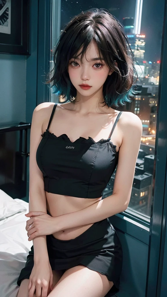 ((High quality, 8k, perfect quality, realistic)), beautiful, perfect face, gazing out the window, nighttime, (dark room), Before sleeping, restless, short nightgown, staring at the window, city night view, crop top, hair color black and cyan, night city