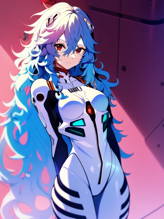 absurdres, best quality, 1girl, solo, looking at viewer, eye focus, rei_evangelion, light blue hair, red eyes, long hair, absurdly long hair, kinky hair, curly hair, plugsuit, pilot suit, interface headset, white bodysuit, white pilot suit, white plugsuit, (messy hair:1), (expressionless:1)