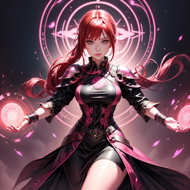 (1girl) A red hair in a pony tail magician lady with narrow waist and big hips wearing a black dress with pink ornament, pink futuristic armor, pink accents, summoning circle behind, dynamic pose.