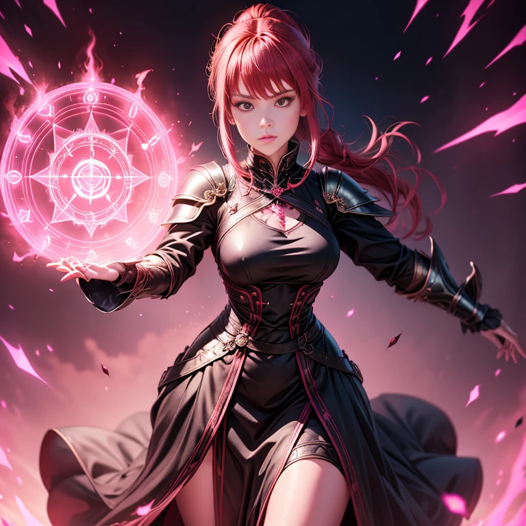 (1girl) A red hair in a pony tail magician lady with narrow waist and big hips wearing a black dress with pink ornament, pink futuristic armor, pink accents, summoning circle behind, dynamic pose.