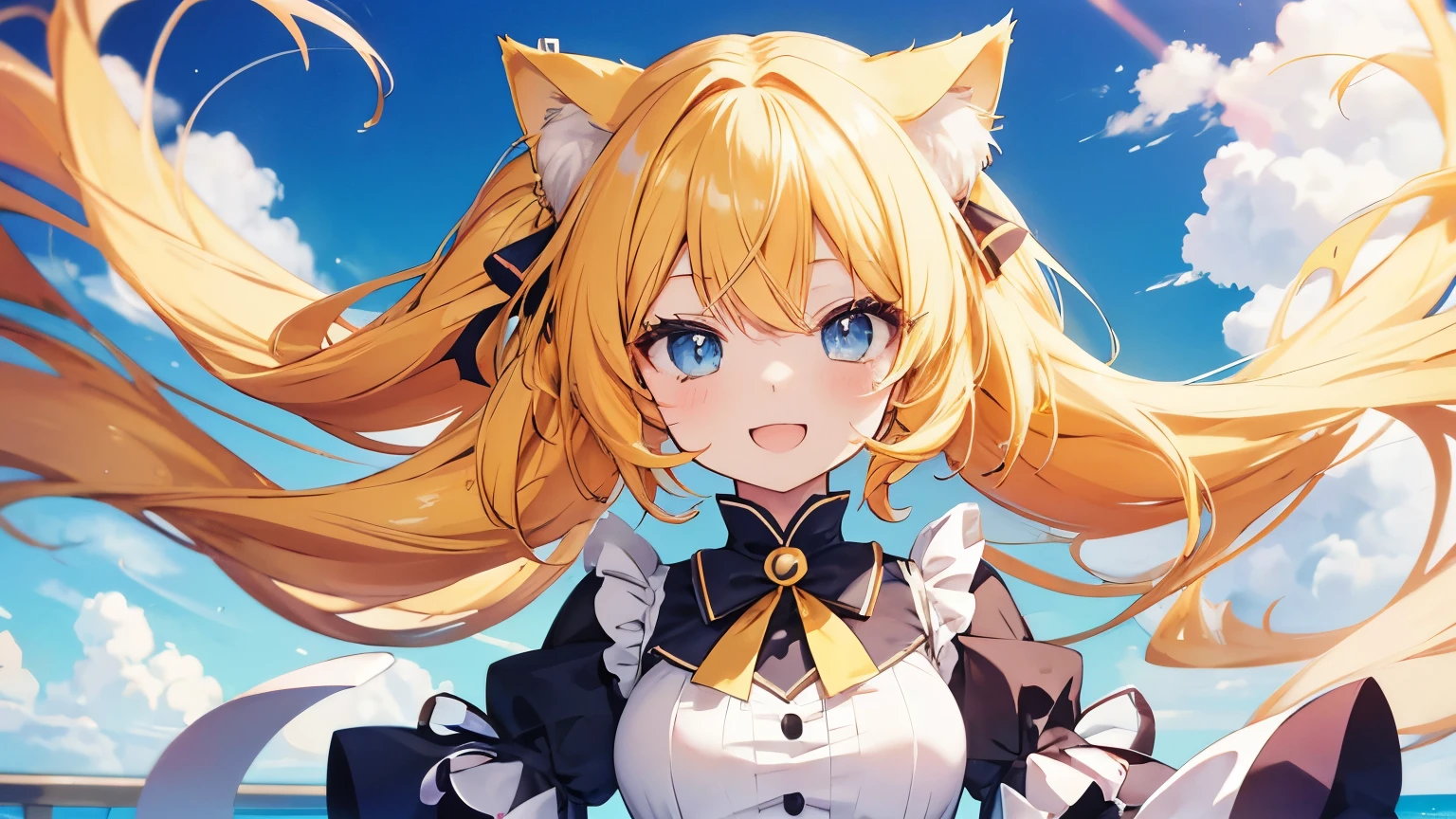 Anime cat girl with long yellow hair and blue eyes is cheerful and cute.